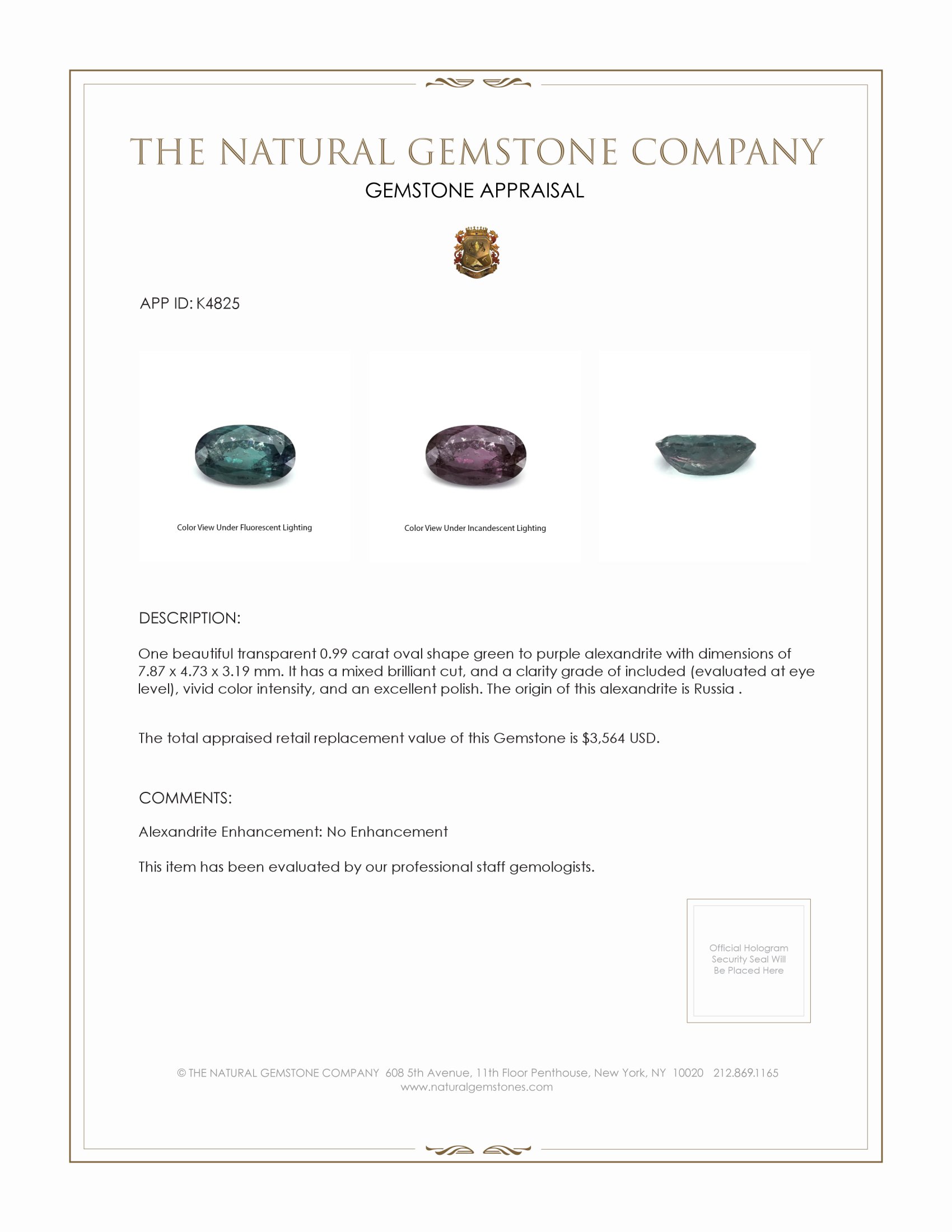 0.99 Ct. Alexandrite from Russia