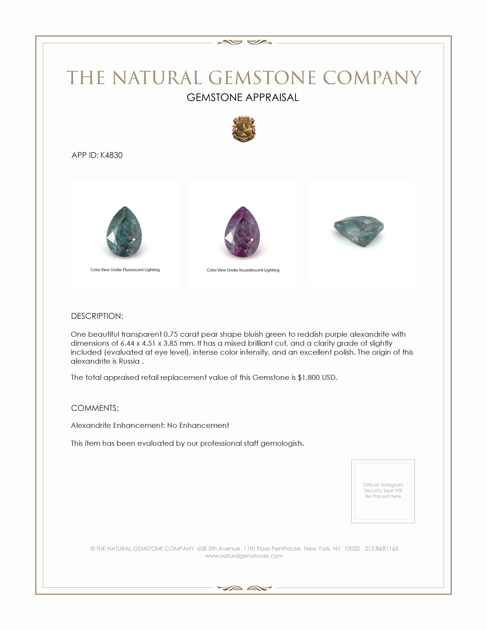 0.75 Ct. Alexandrite from Russia