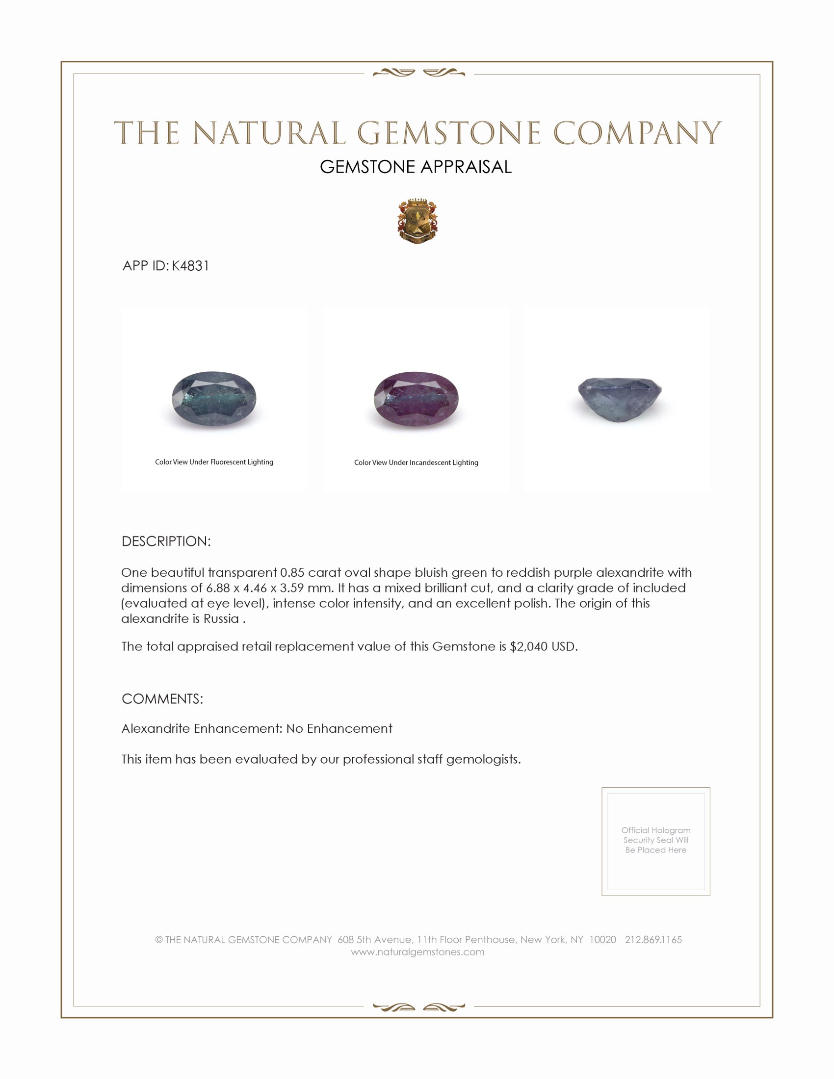 0.85 Ct. Alexandrite from Russia