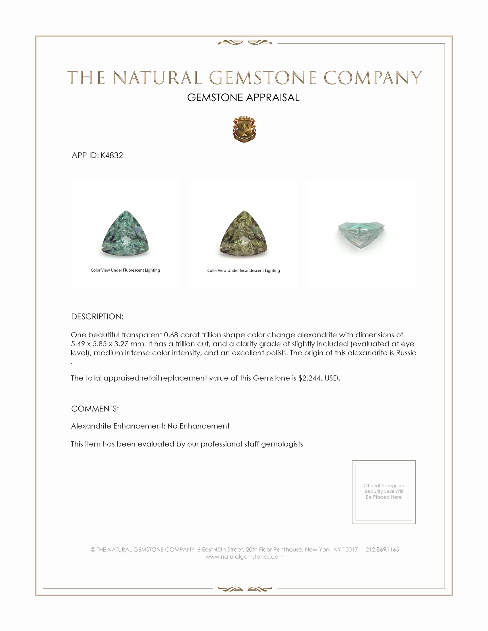 0.68 Ct. Alexandrite from Russia