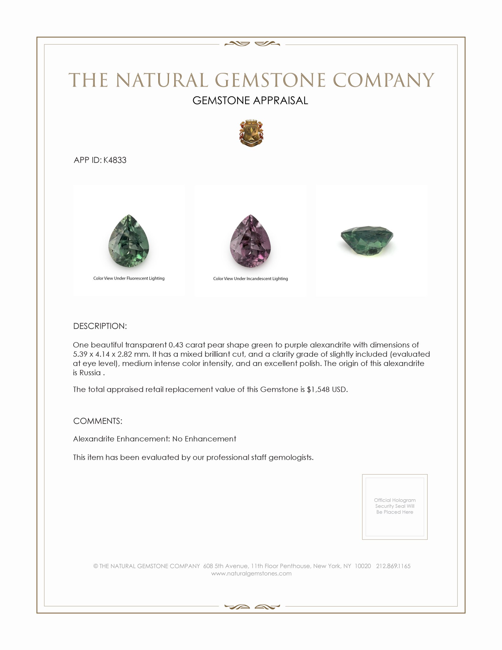 0.43 Ct. Alexandrite from Russia