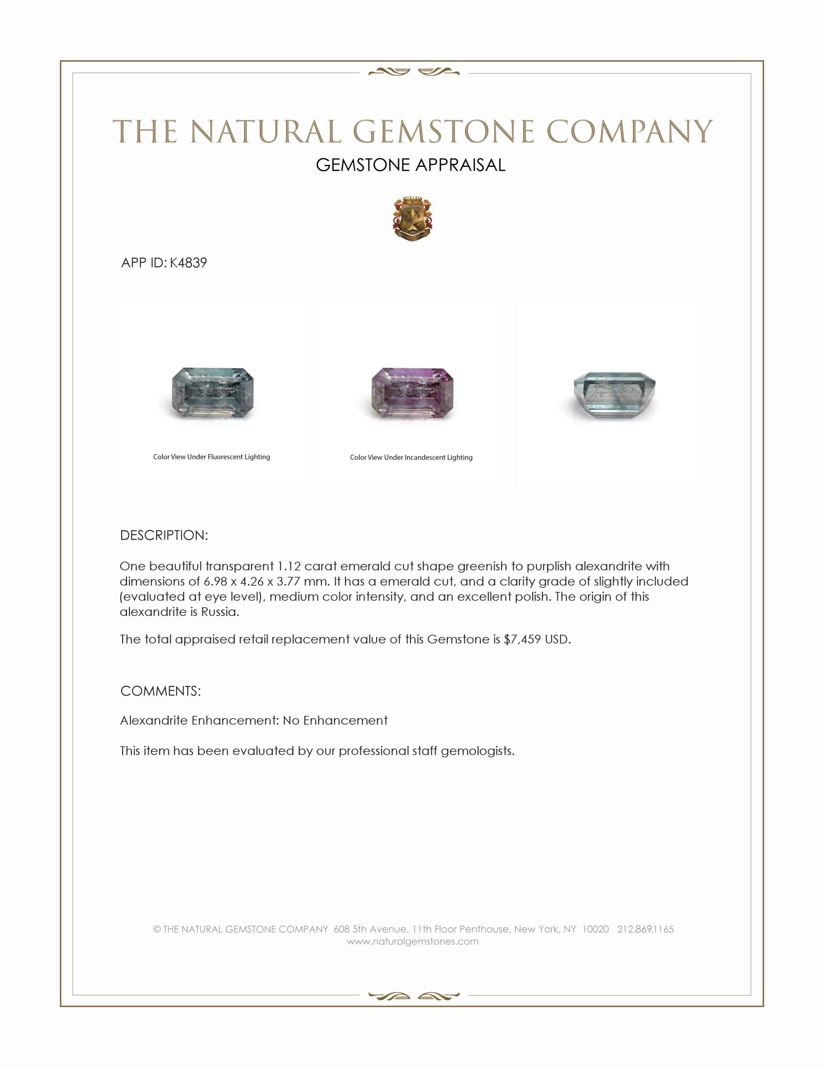 1.12 Ct. Alexandrite from Russia