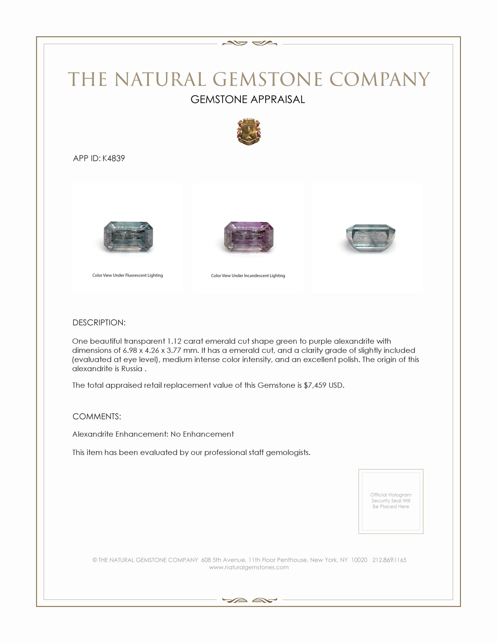 1.12 Ct. Alexandrite from Russia