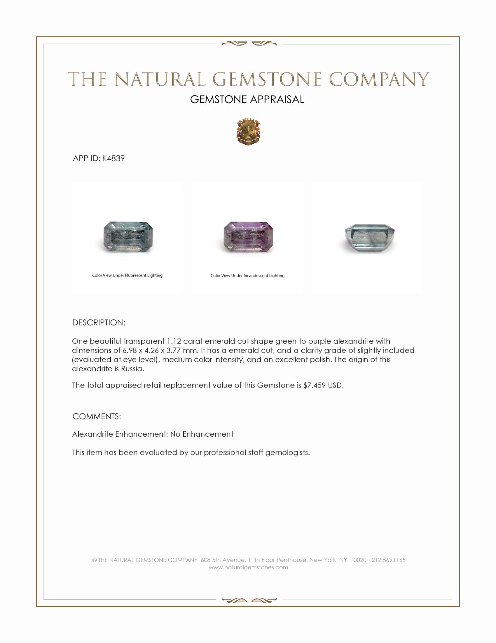 1.12 Ct. Alexandrite from Russia