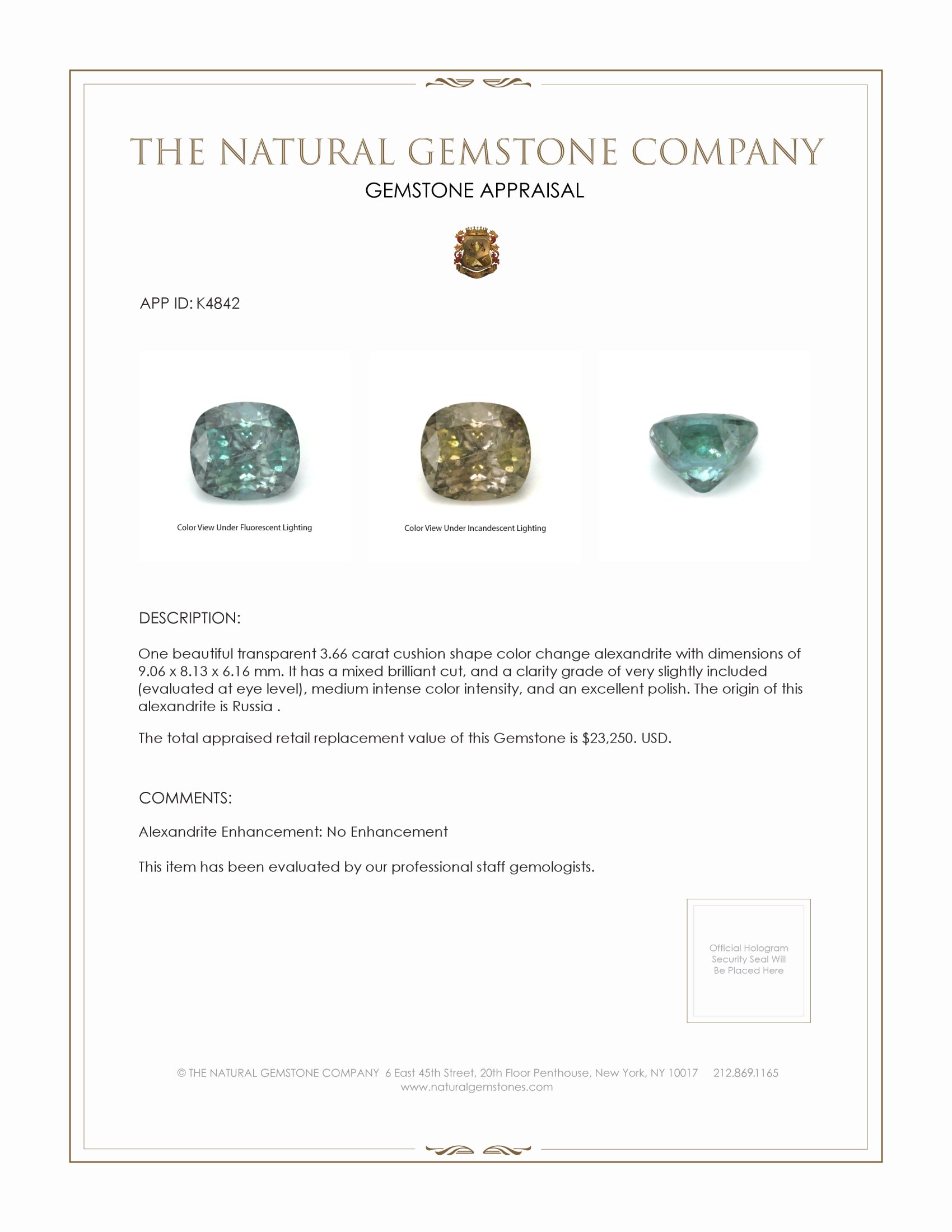 3.66 Ct. Alexandrite from Russia