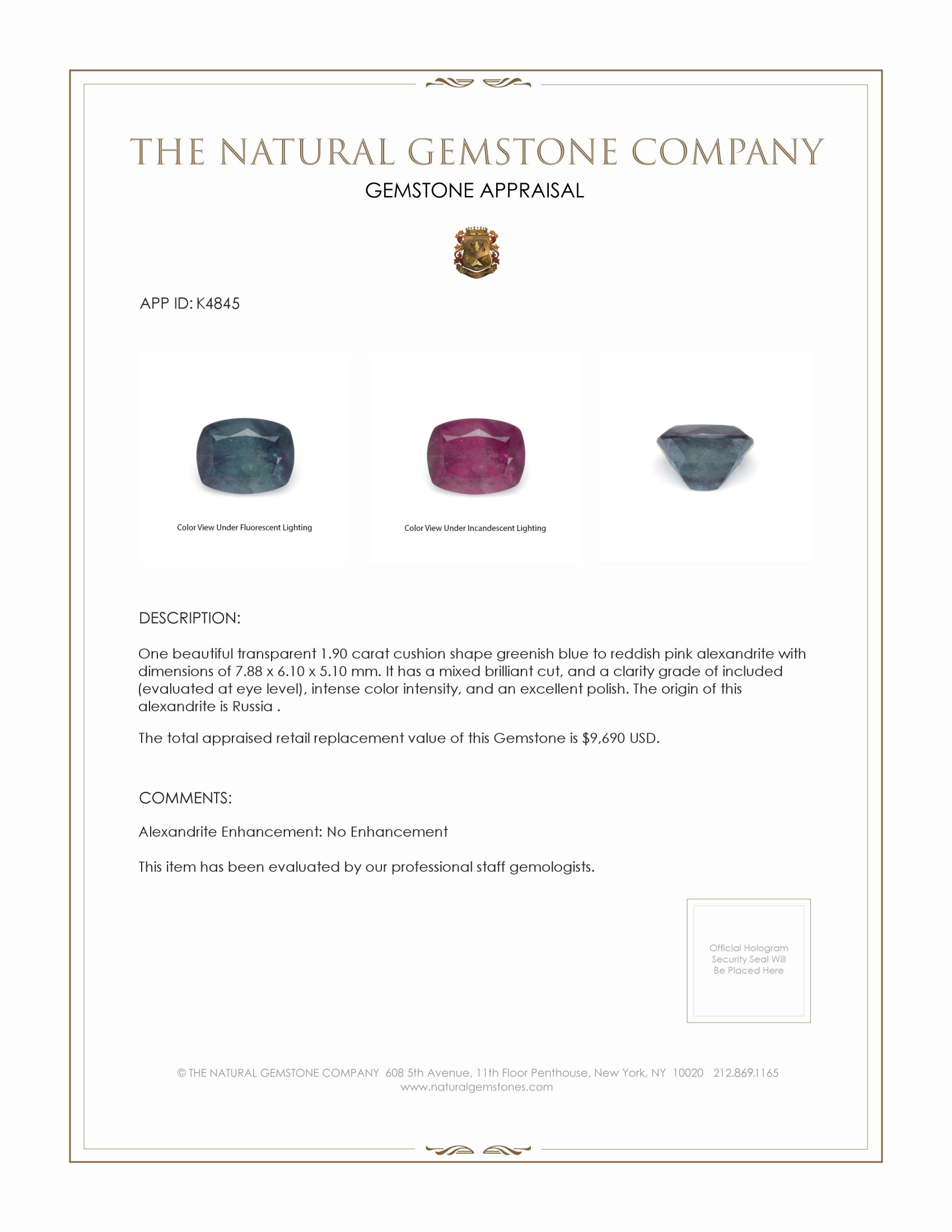 1.90 Ct. Alexandrite from Russia