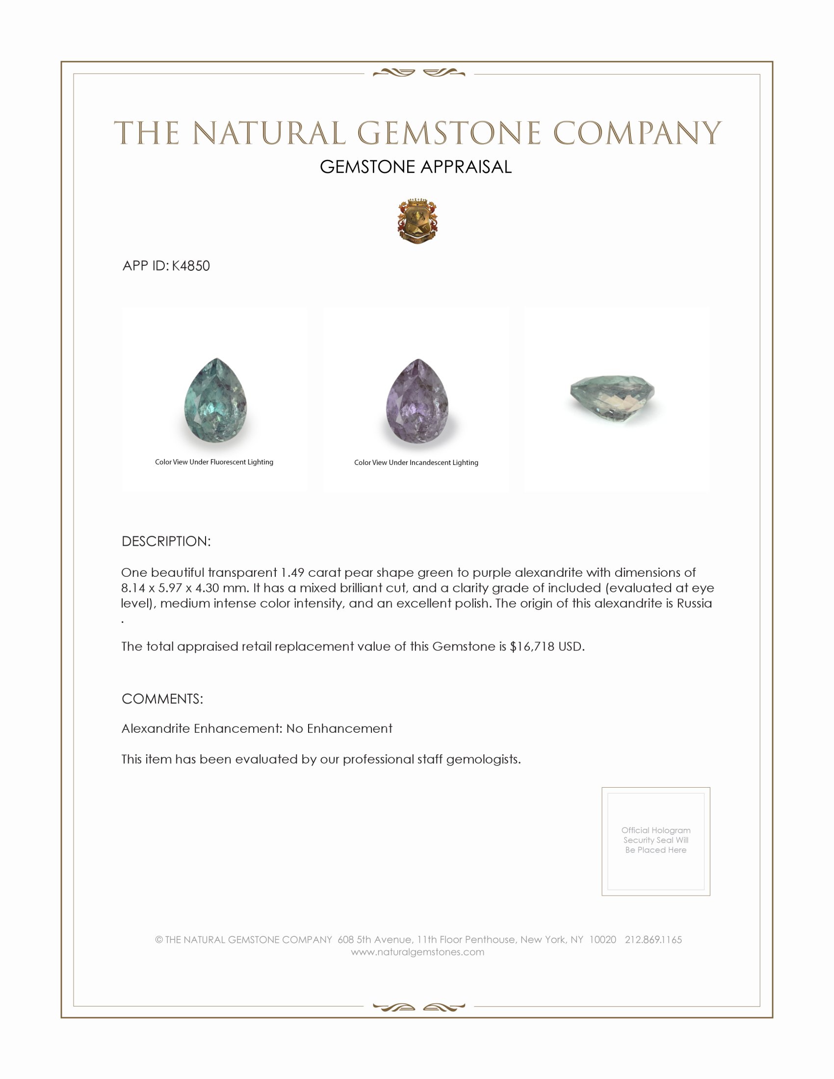 1.49 Ct. Alexandrite from Russia