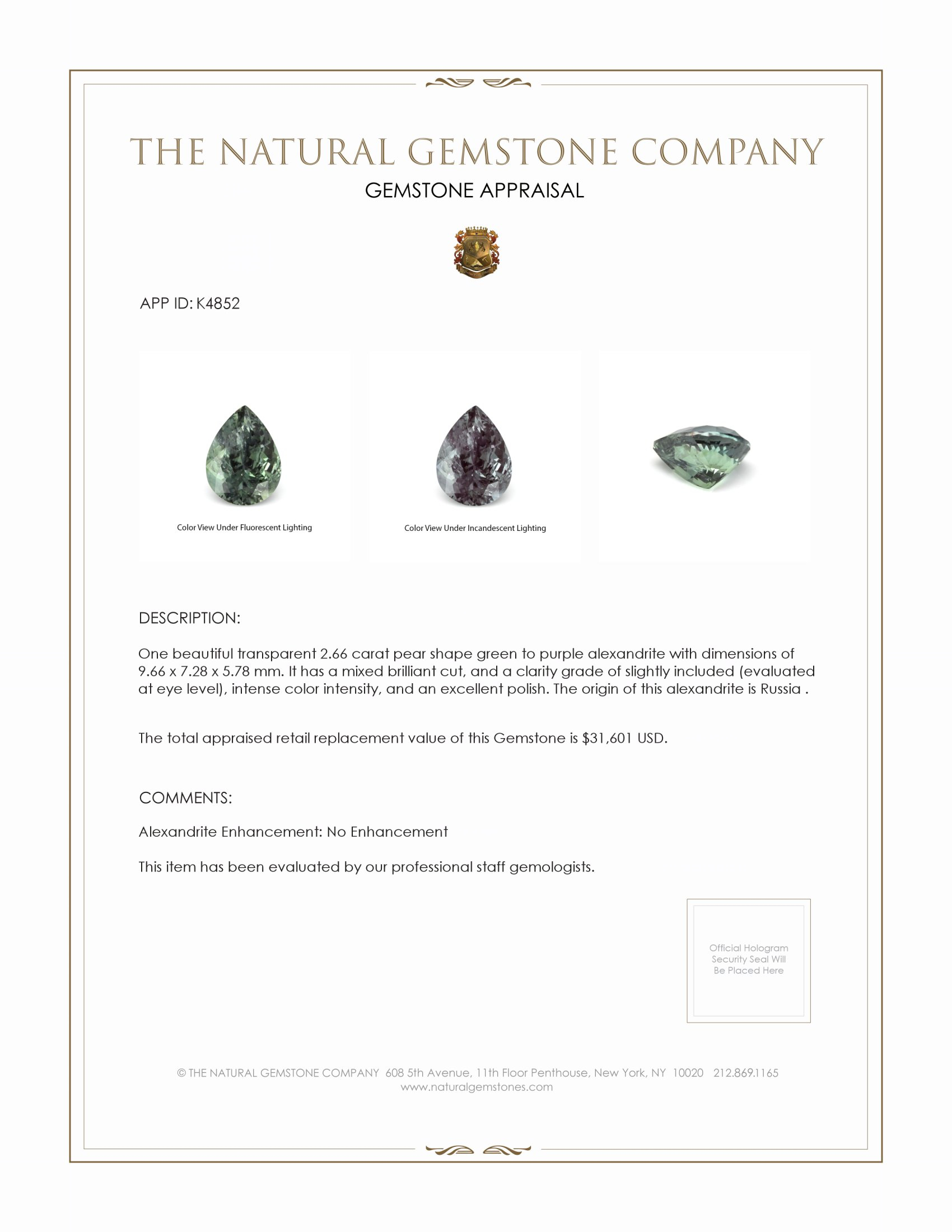 2.66 Ct. Alexandrite from Russia