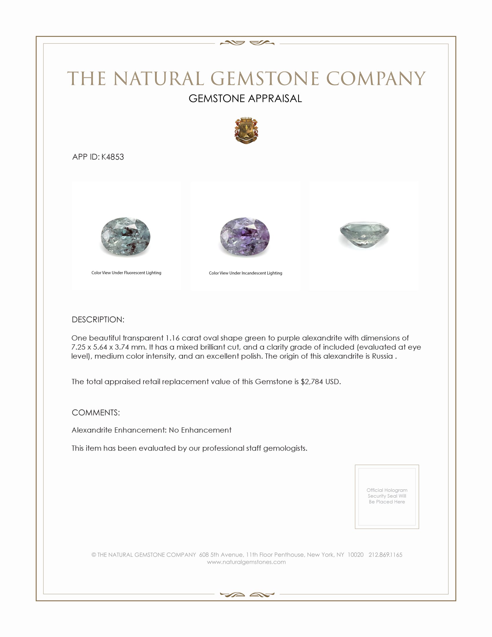 1.16 Ct. Alexandrite from Russia