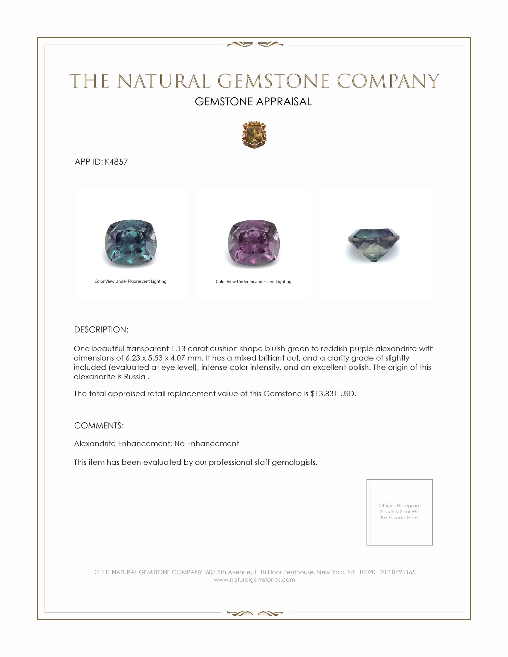 1.13 Ct. Alexandrite from Russia