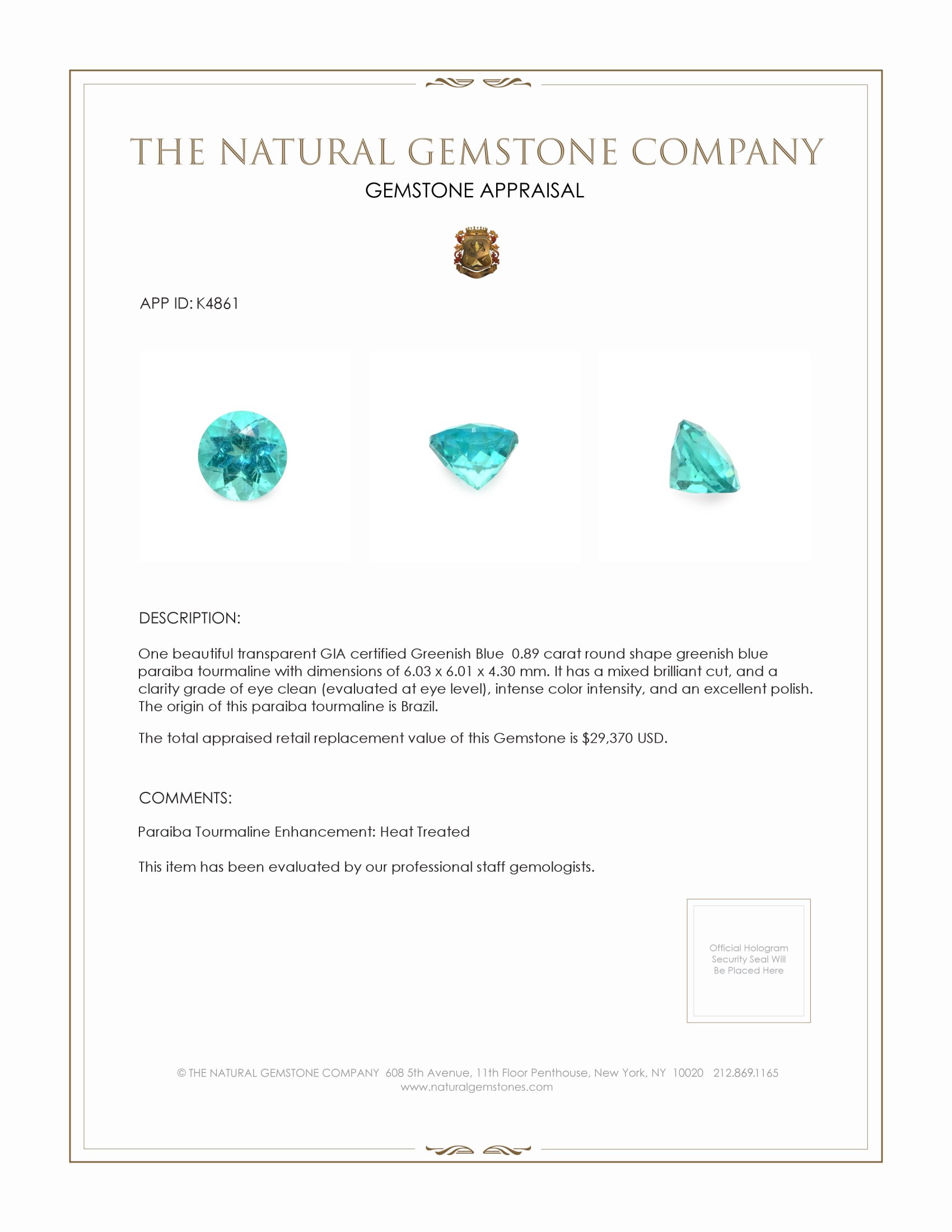 0.89 Ct. Paraiba Tourmaline from Brazil
