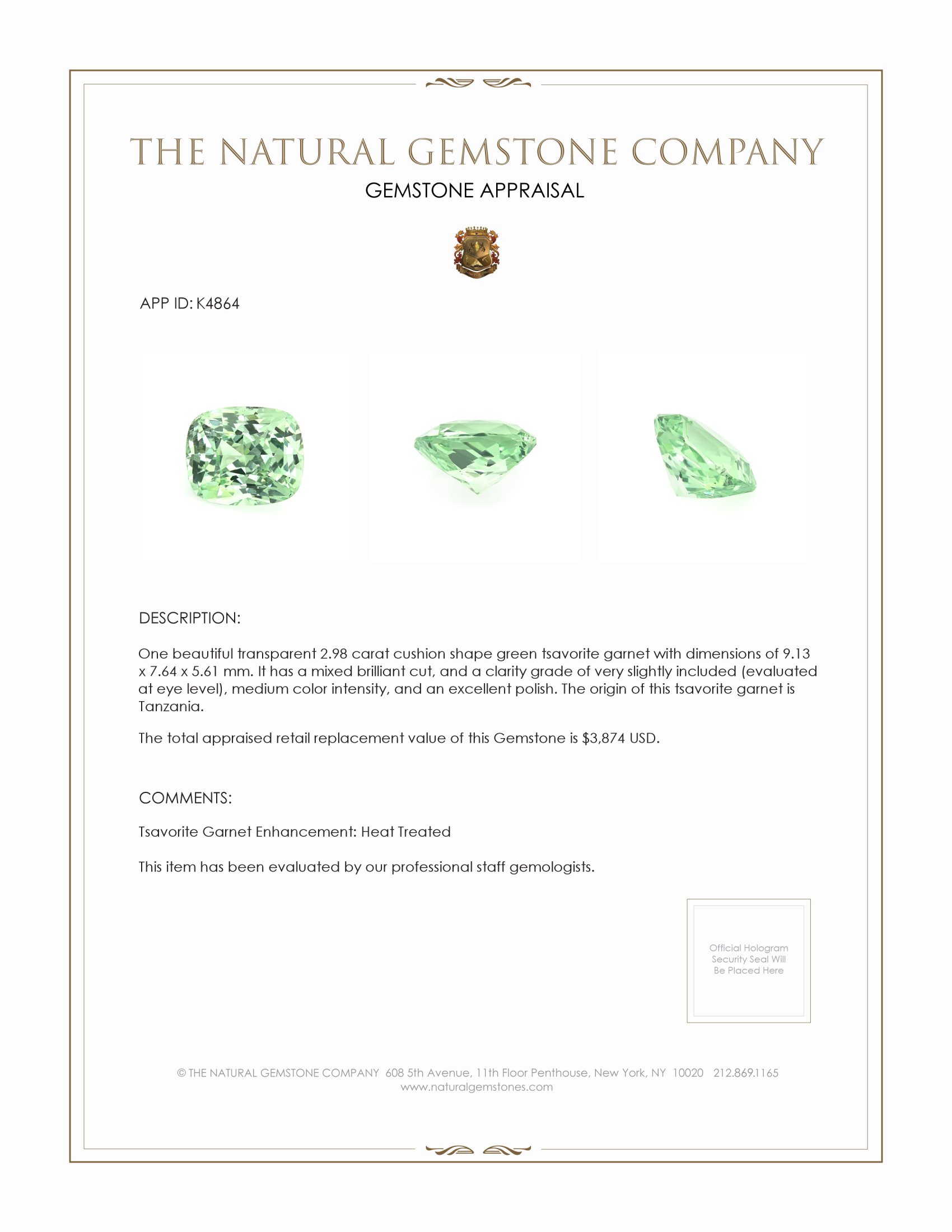 2.98 Ct. Tsavorite Garnet from Tanzania