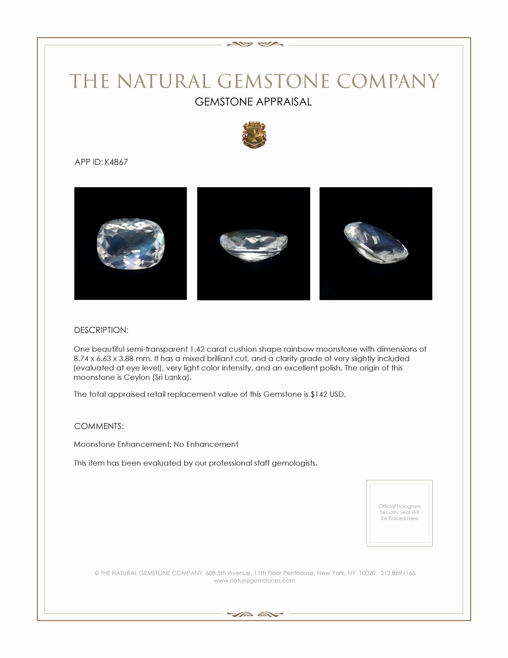 1.42 Ct. Moonstone from Ceylon (Sri Lanka)
