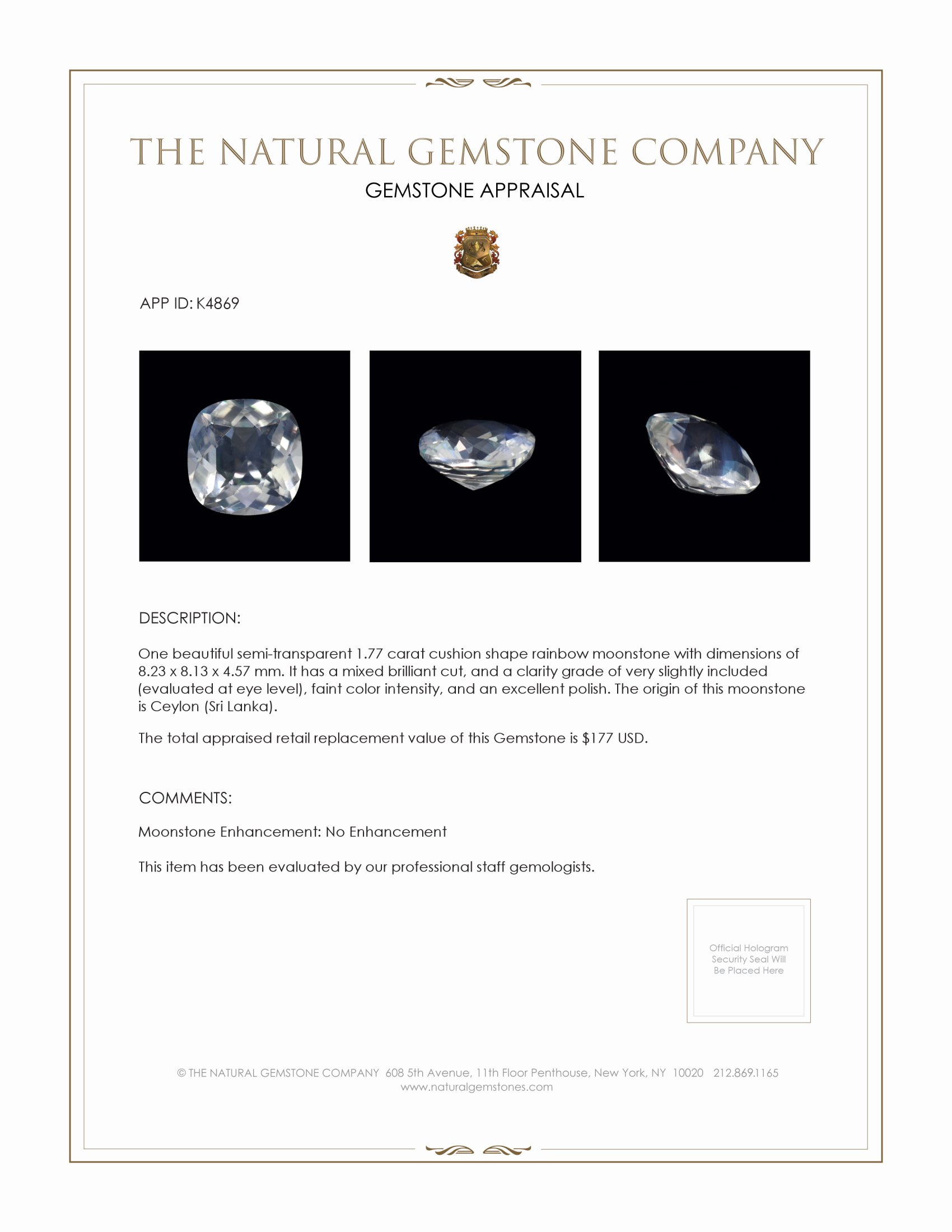 1.77 Ct. Moonstone from Ceylon (Sri Lanka)