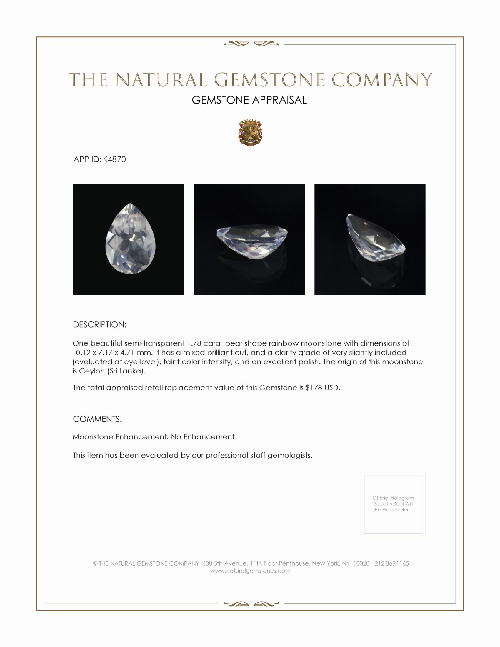 1.78 Ct. Rainbow Moonstone from Ceylon (Sri Lanka)