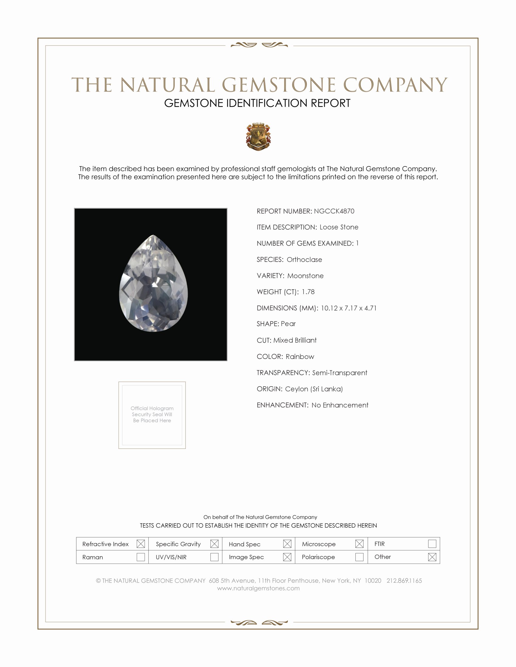 1.78 Ct. Rainbow Moonstone from Ceylon (Sri Lanka)