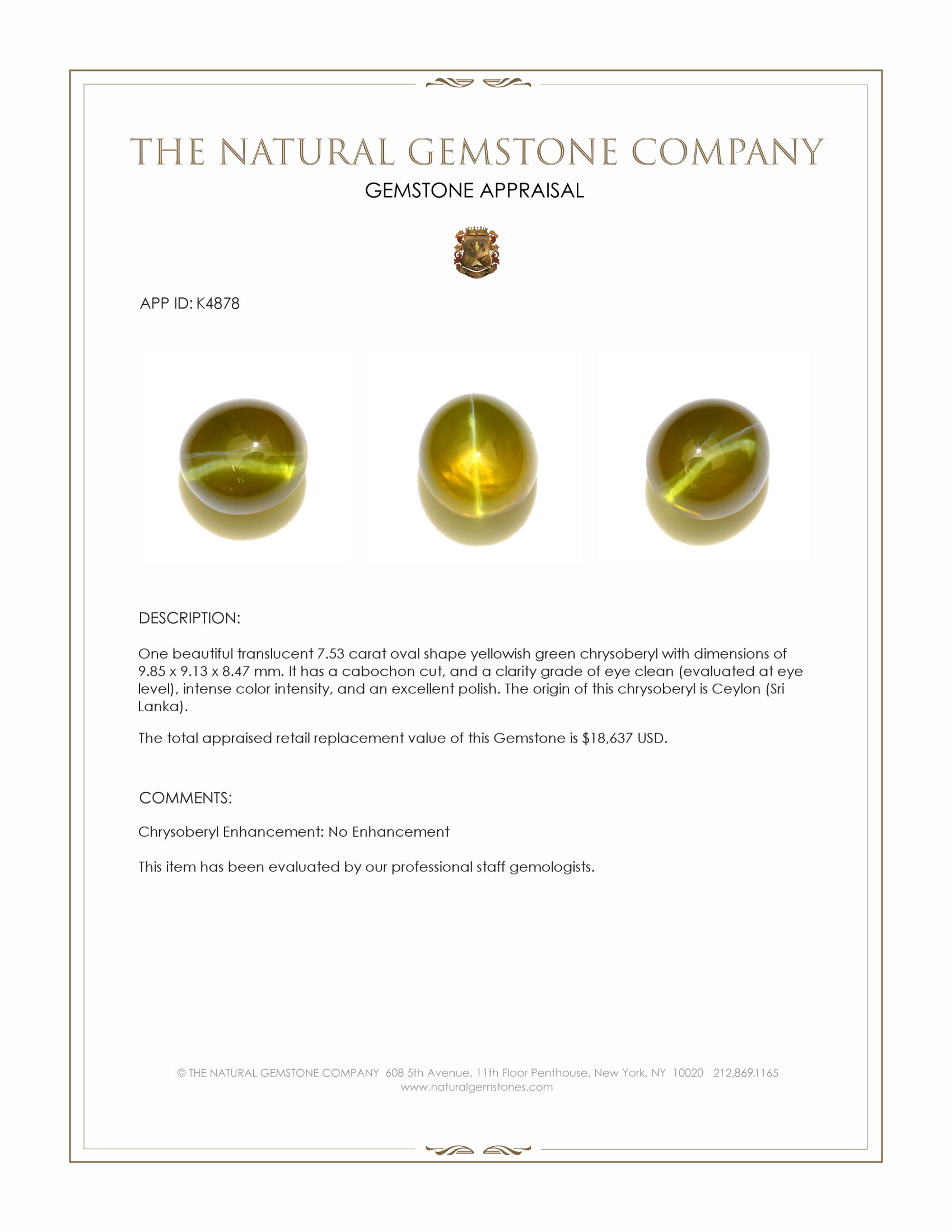 7.53 Ct. Cabochon Chrysoberyl from Ceylon (Sri Lanka)