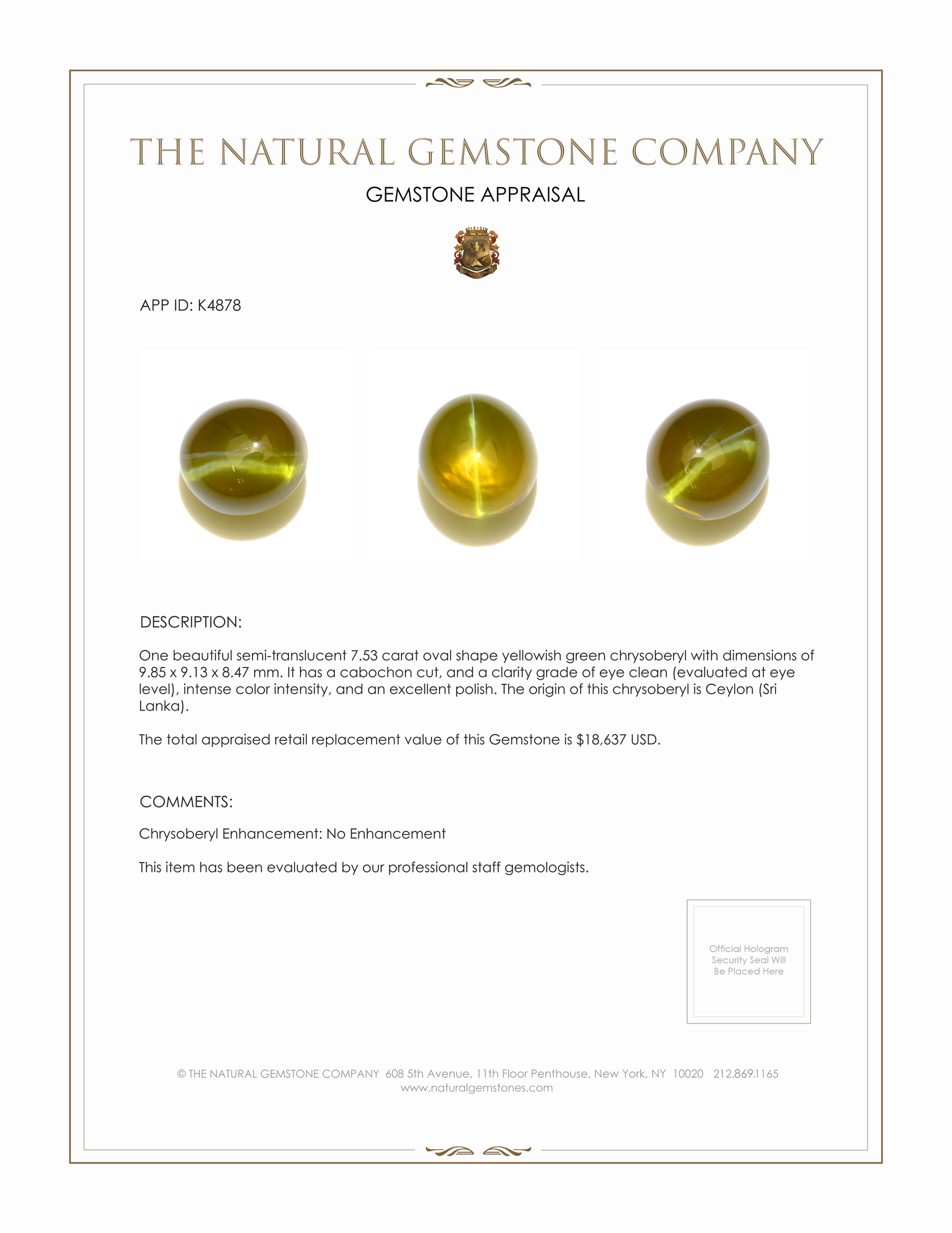 7.53 Ct. Cabochon Chrysoberyl from Ceylon (Sri Lanka)