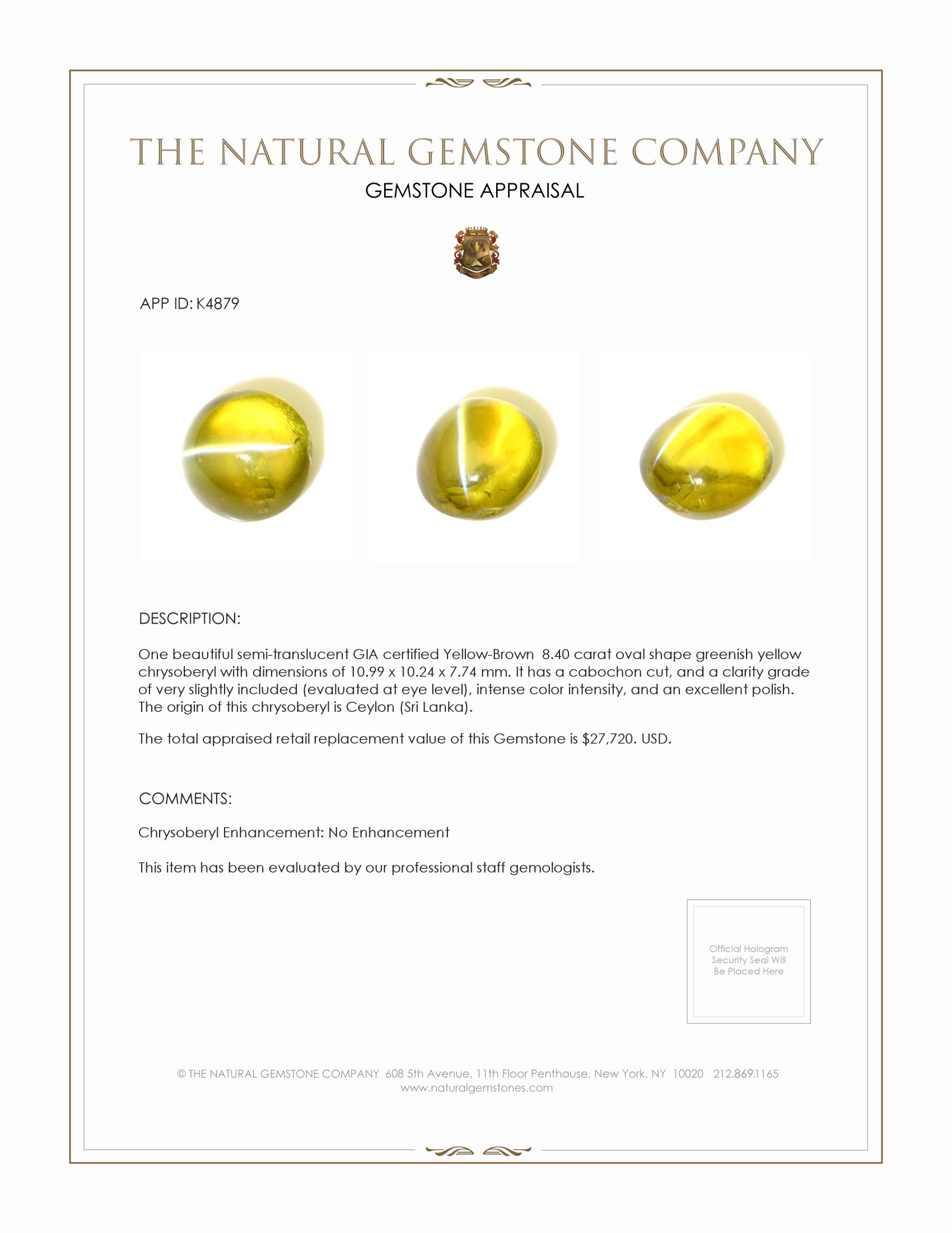 8.40 Ct. Cabochon Chrysoberyl from Ceylon (Sri Lanka)