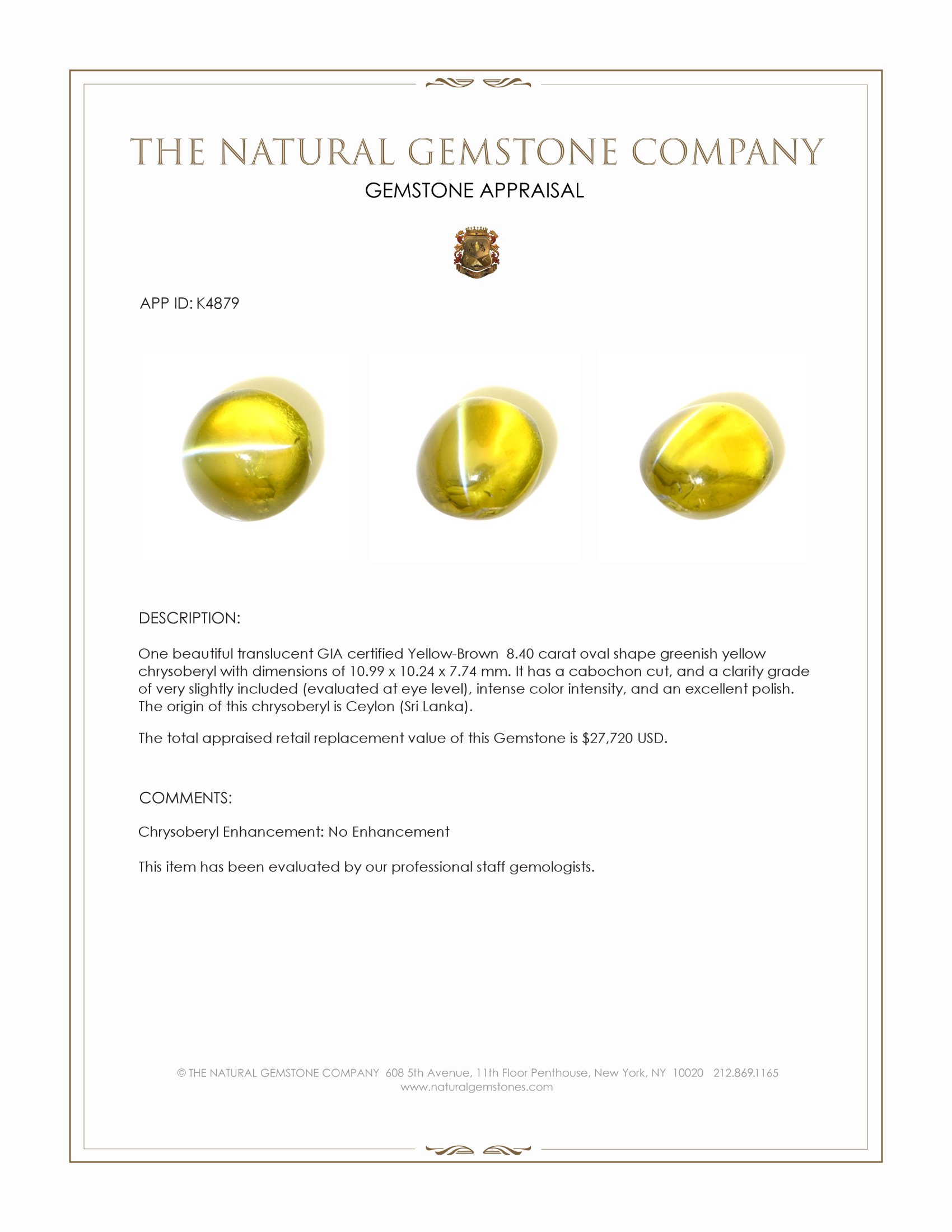 8.40 Ct. Cabochon Chrysoberyl from Ceylon (Sri Lanka)