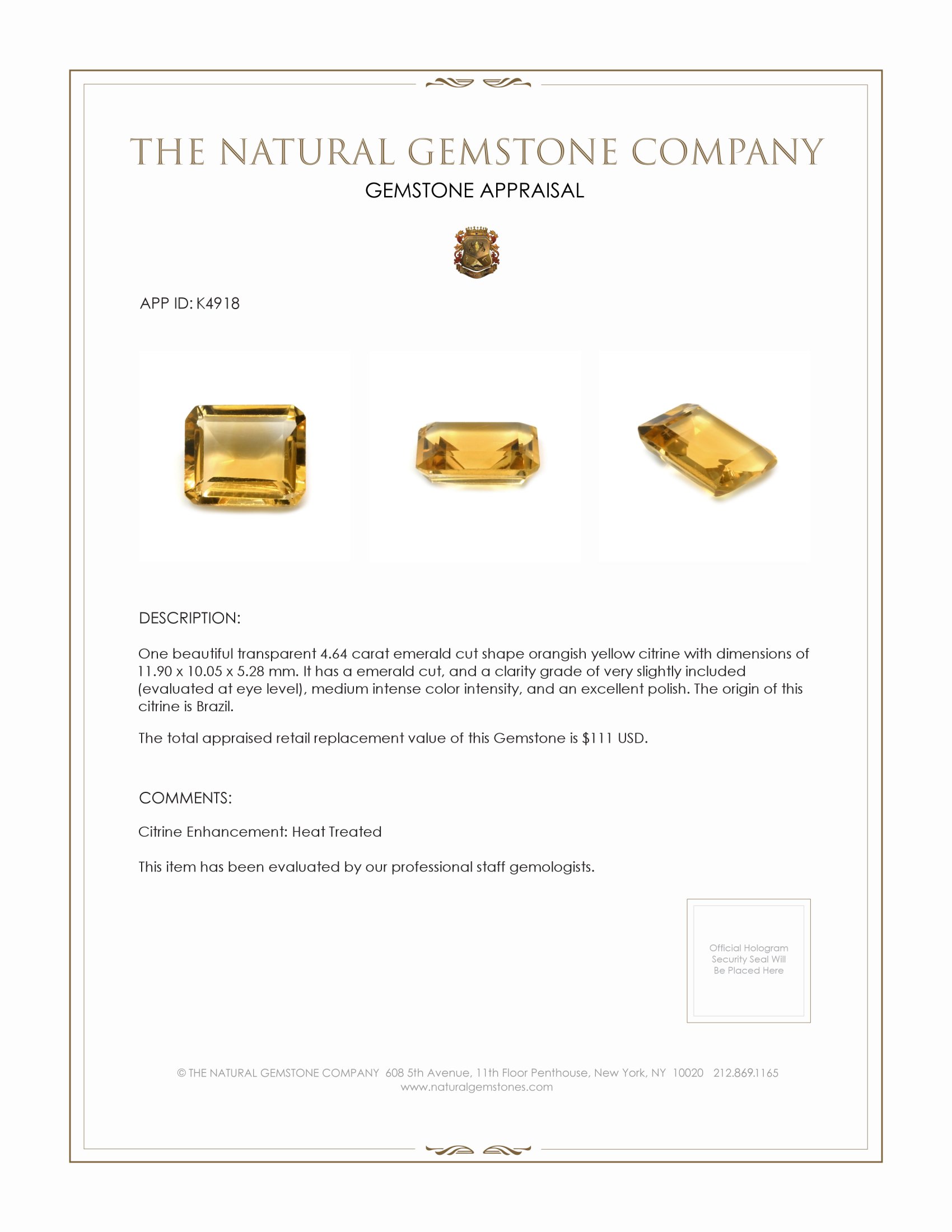 4.64 Ct. Citrine from Brazil