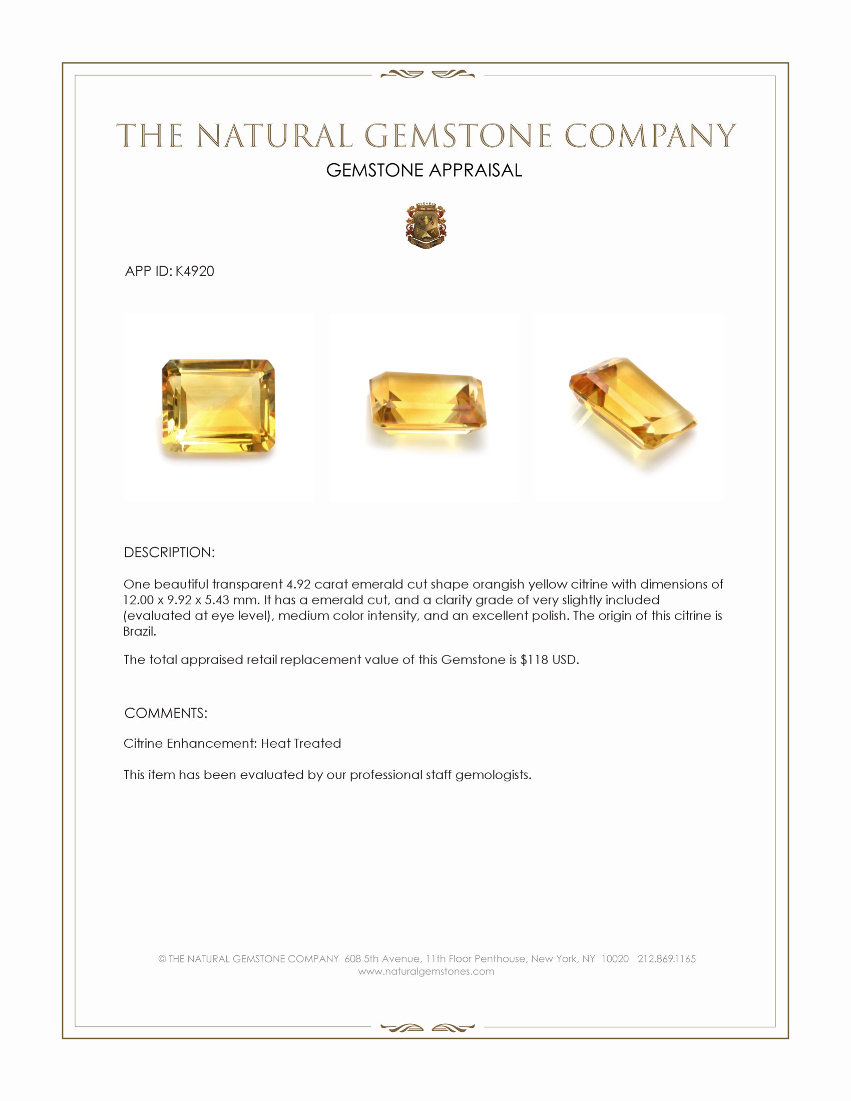 4.92 Ct. Orangish Yellow Citrine from Brazil