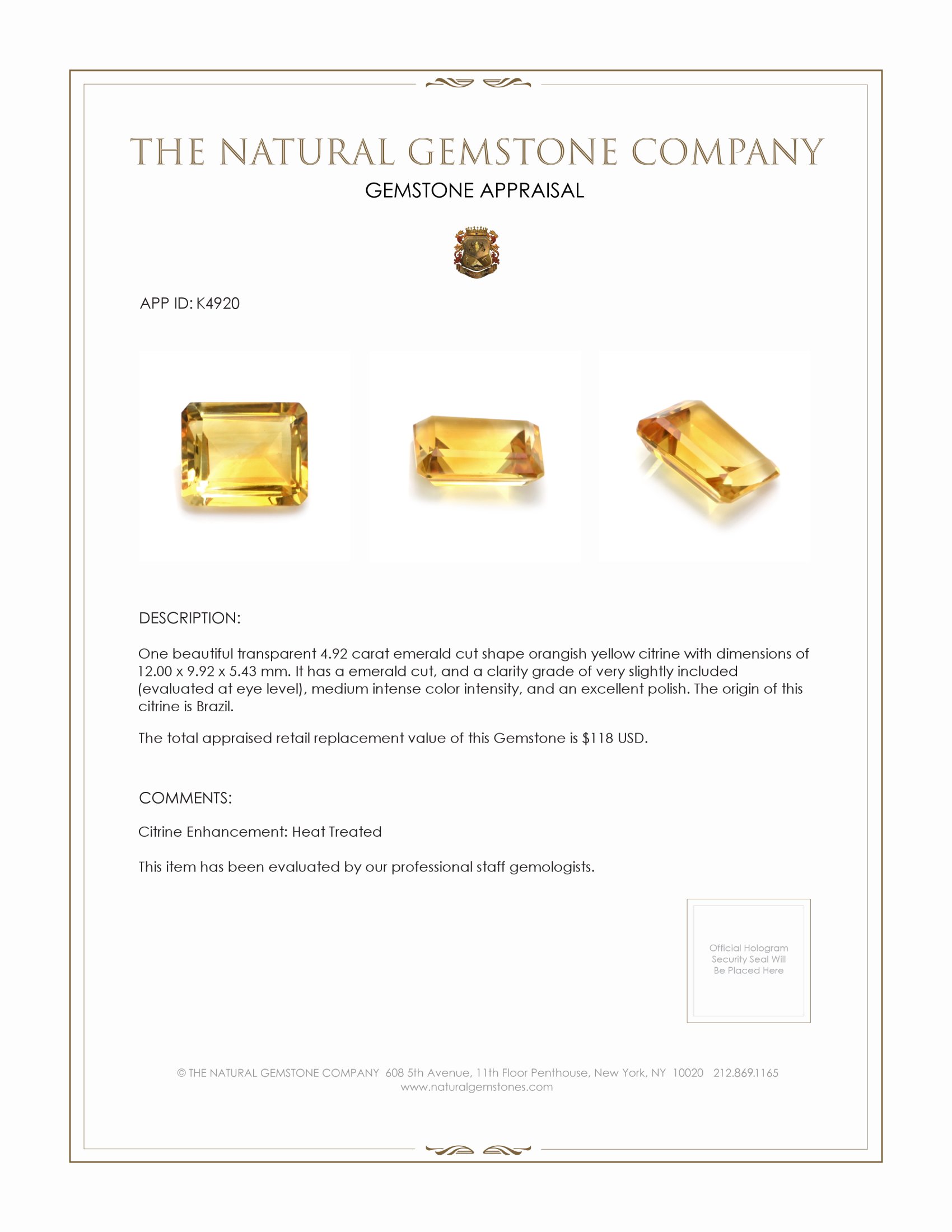 4.92 Ct. Citrine from Brazil