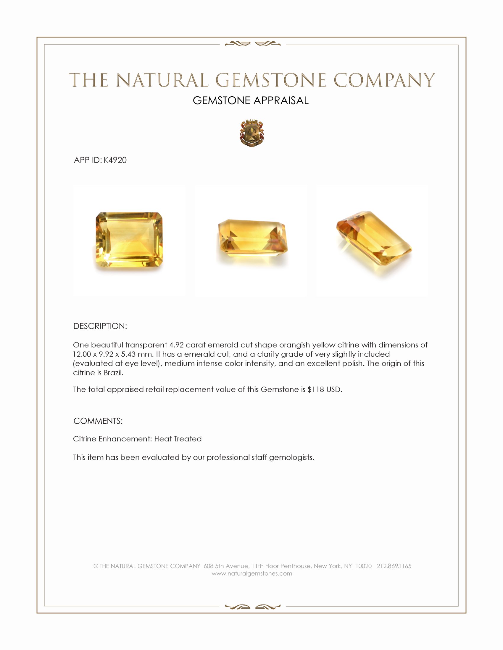 4.92 Ct. Citrine from Brazil