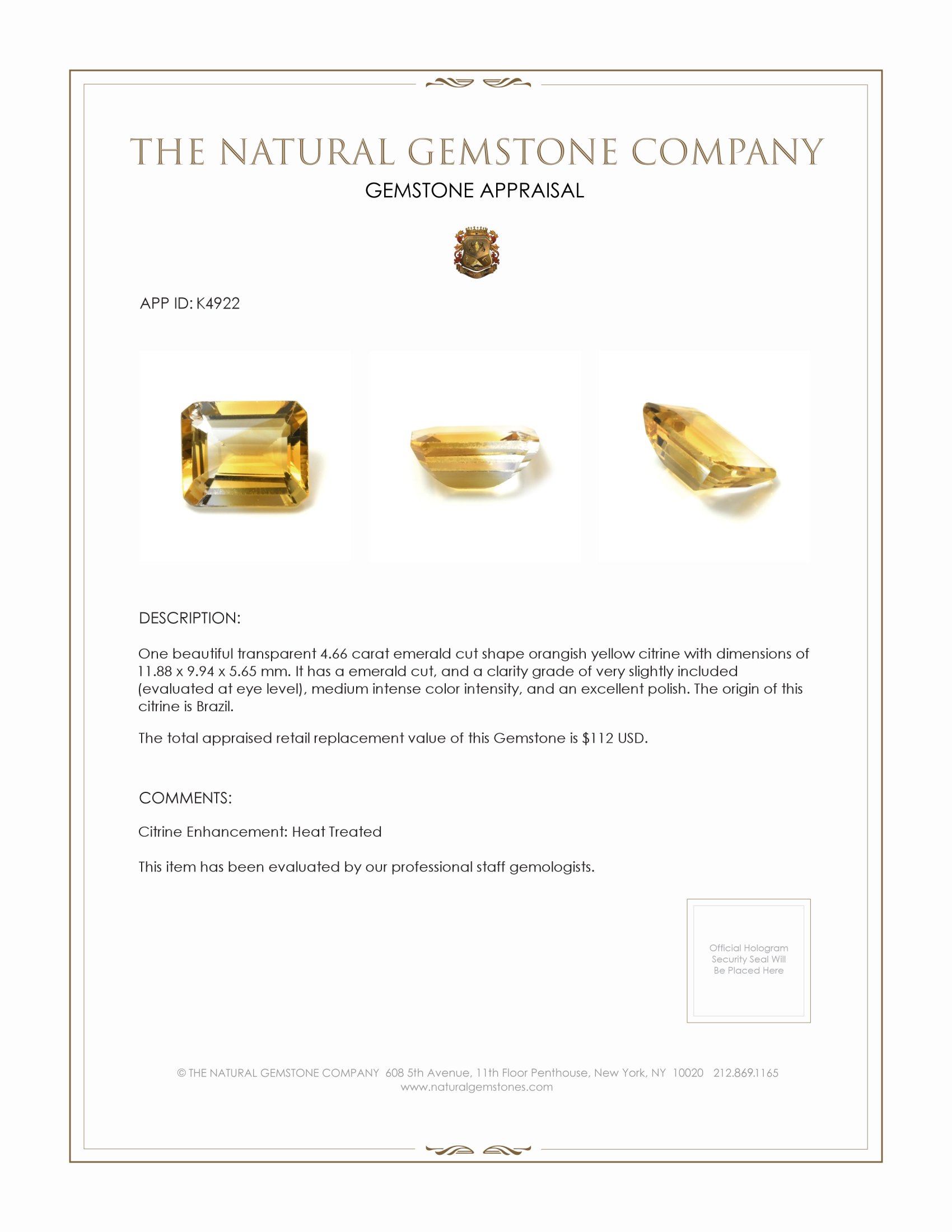 4.66 Ct. Citrine from Brazil