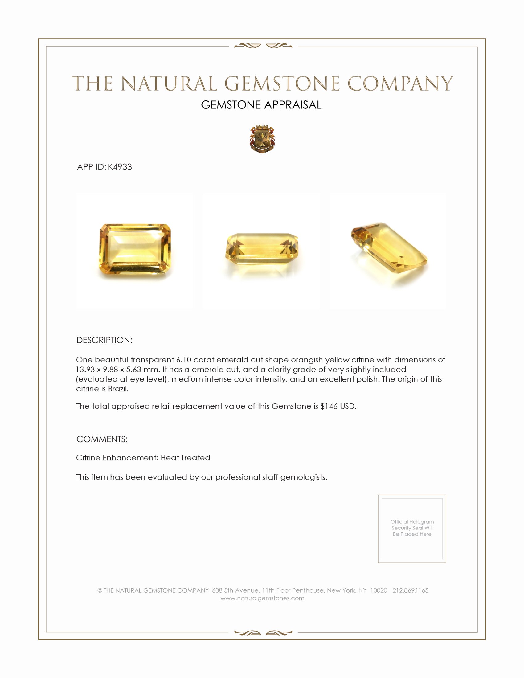 6.10 Ct. Citrine from Brazil