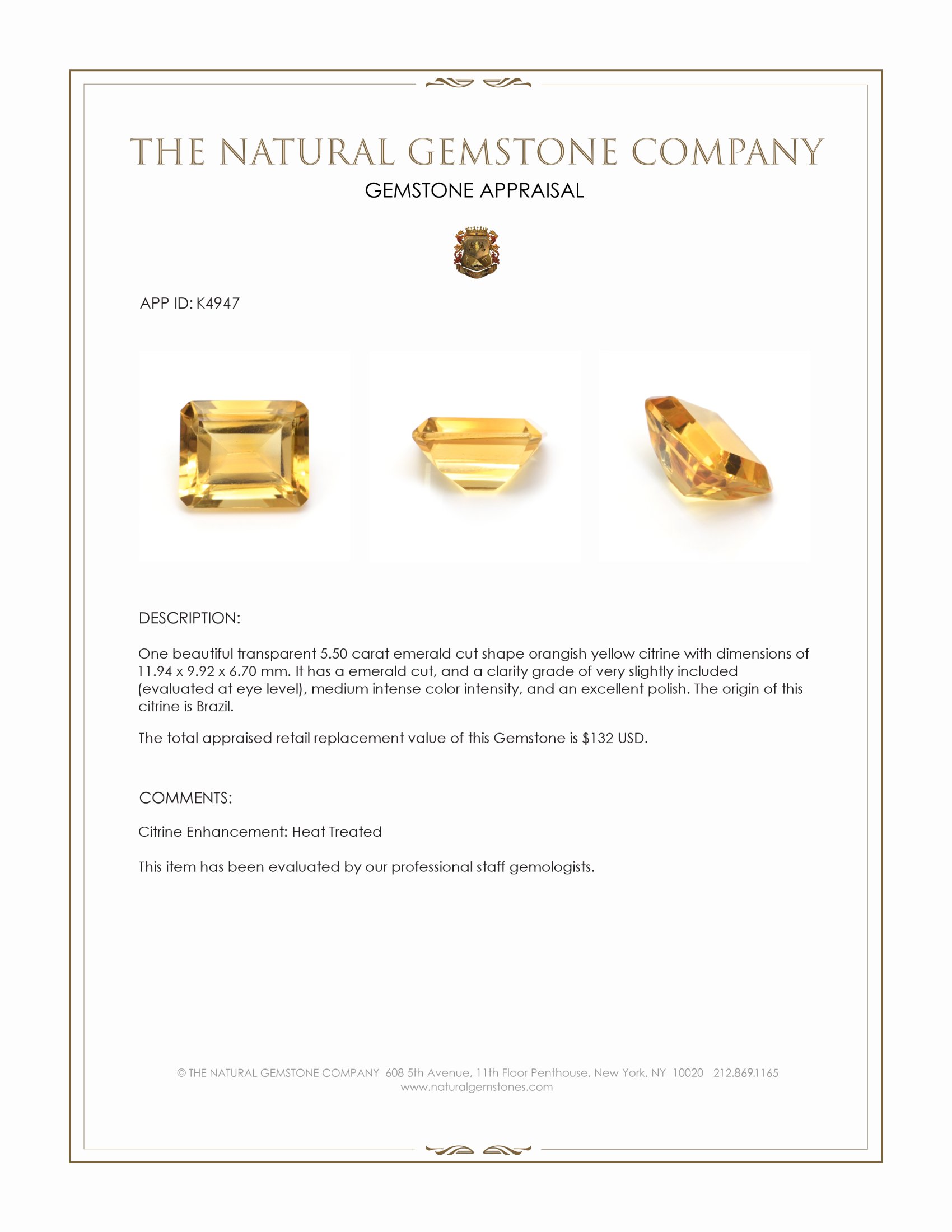 5.50 Ct. Citrine from Brazil