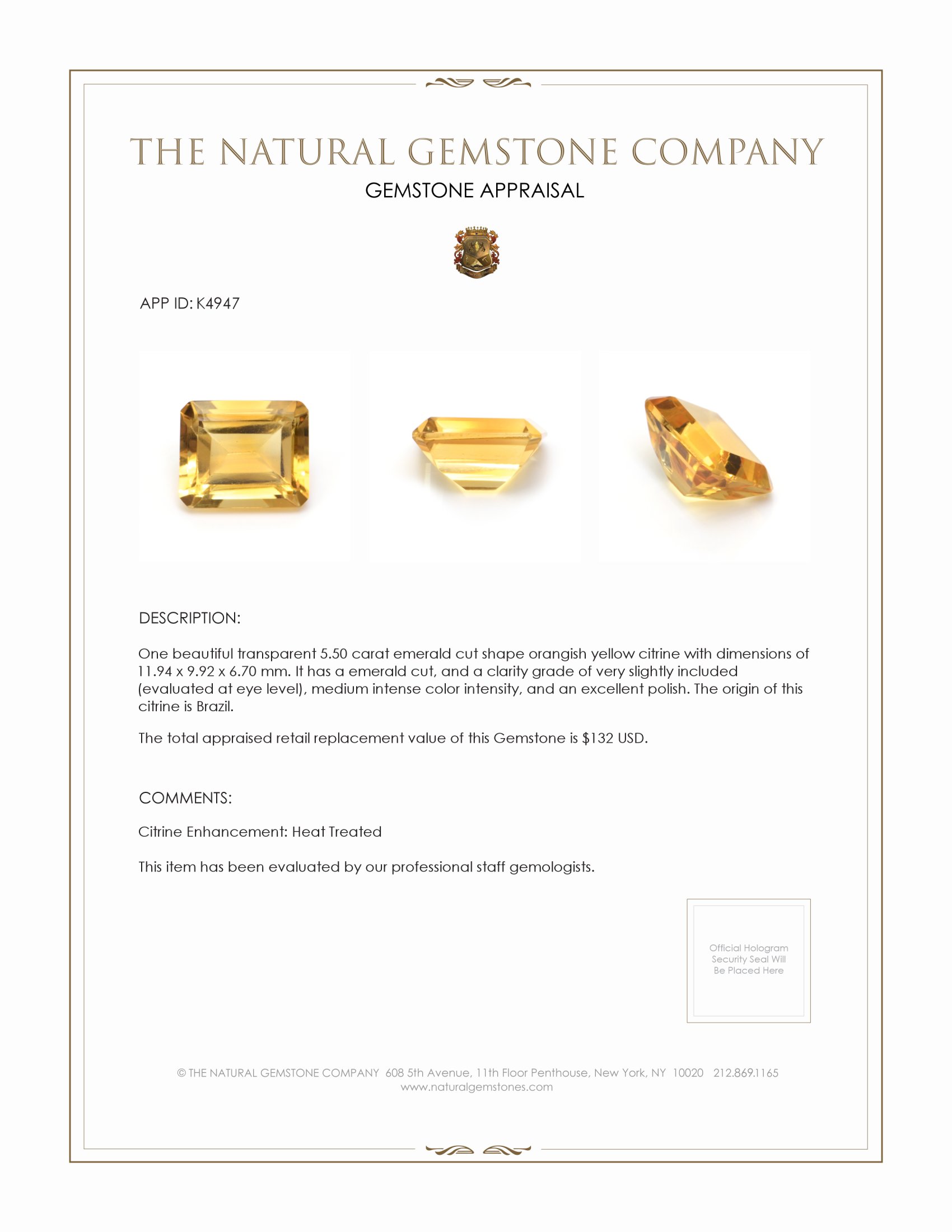 5.50 Ct. Citrine from Brazil