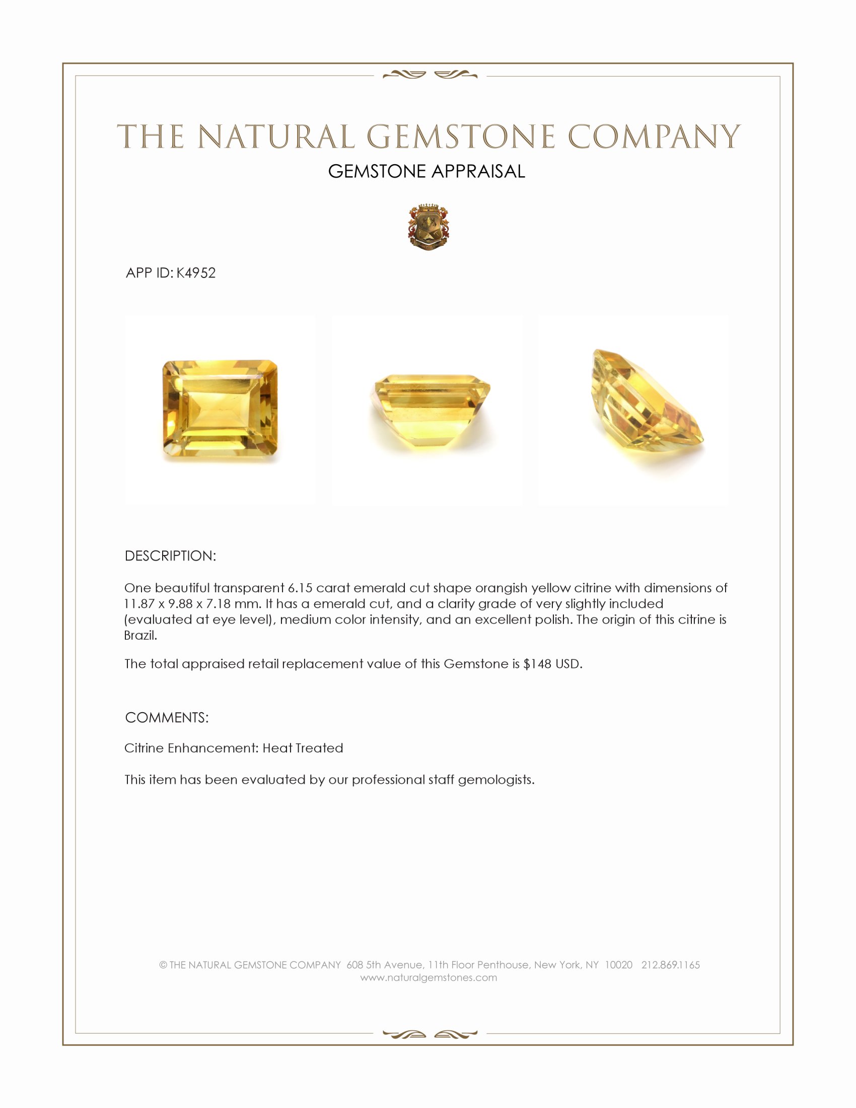 6.15 Ct. Orangish Yellow Citrine from Brazil