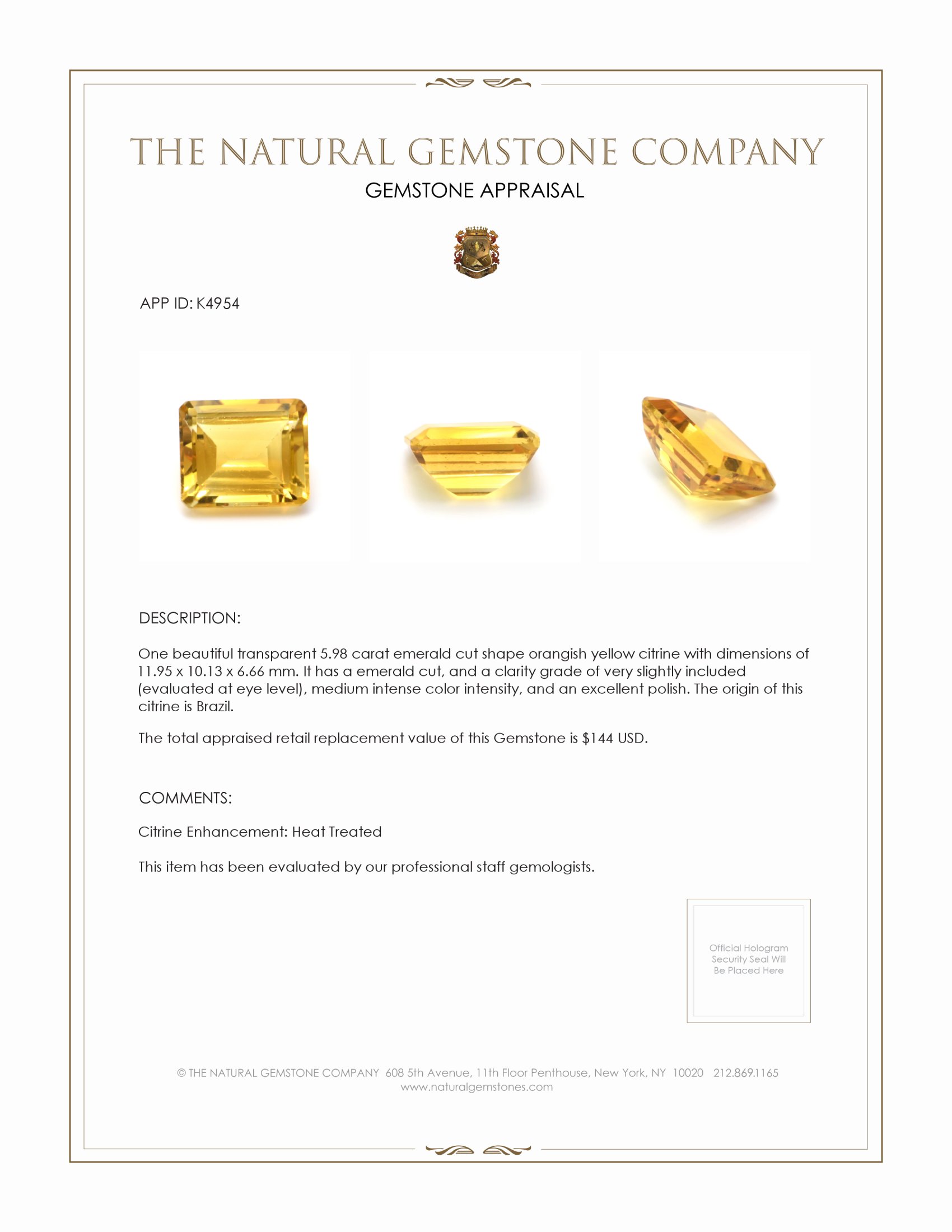 5.98 Ct. Orangish Yellow Citrine from Brazil