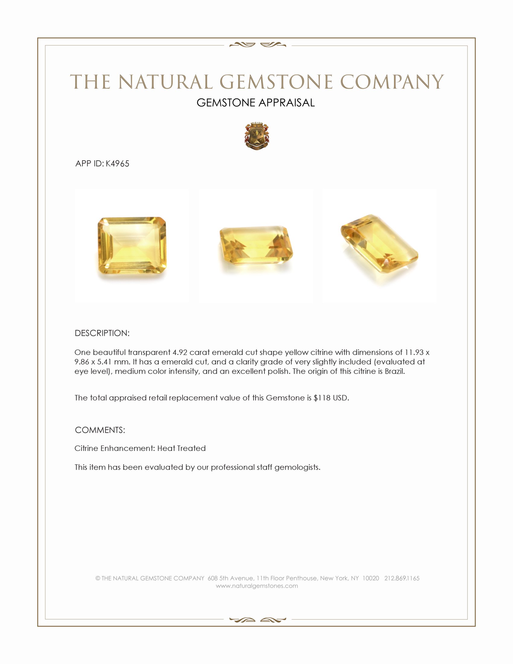 4.92 Ct. Yellow Citrine from Brazil