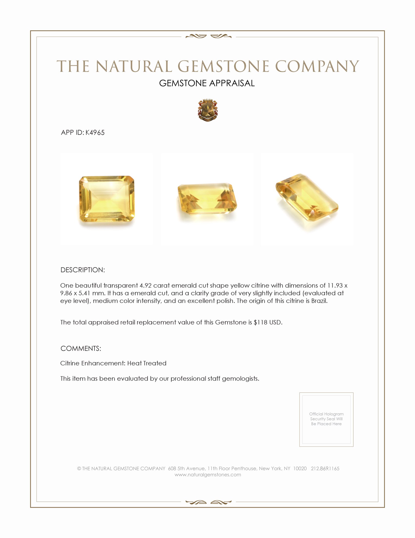 4.92 Ct. Citrine from Brazil