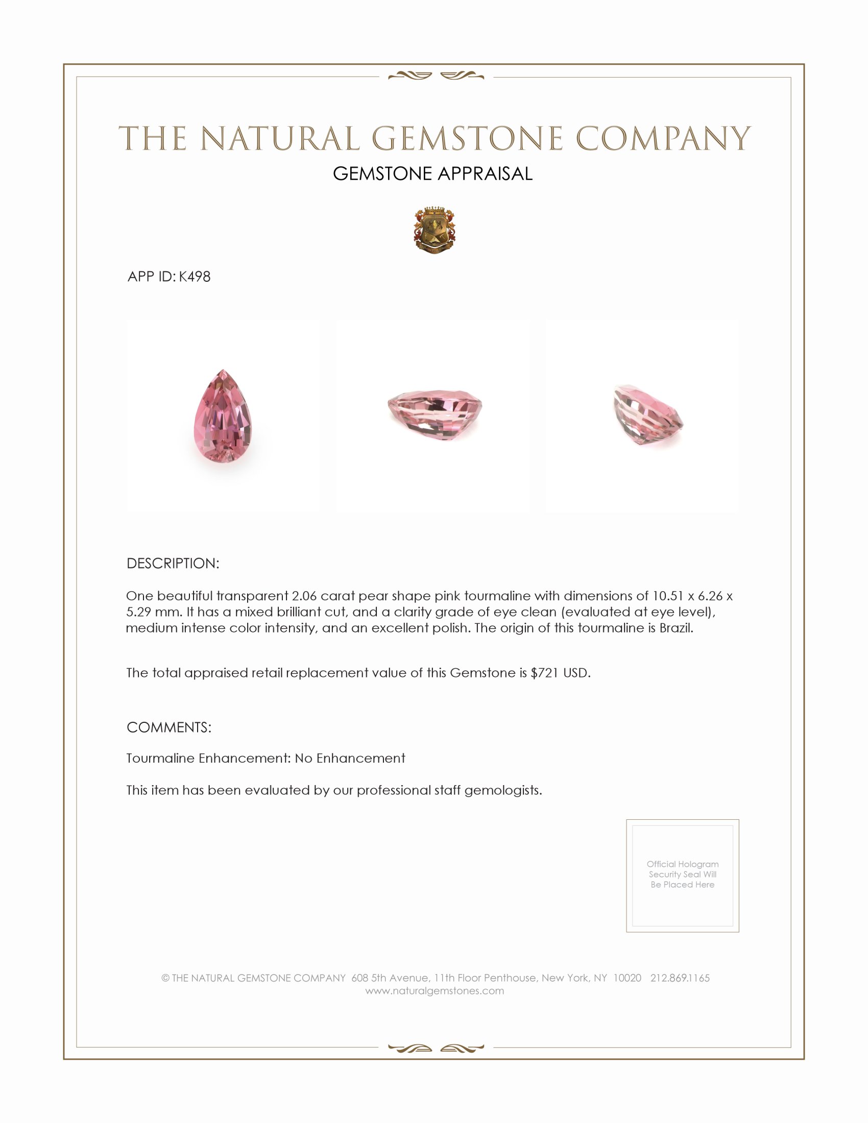 2.06 Ct. Tourmaline from Brazil