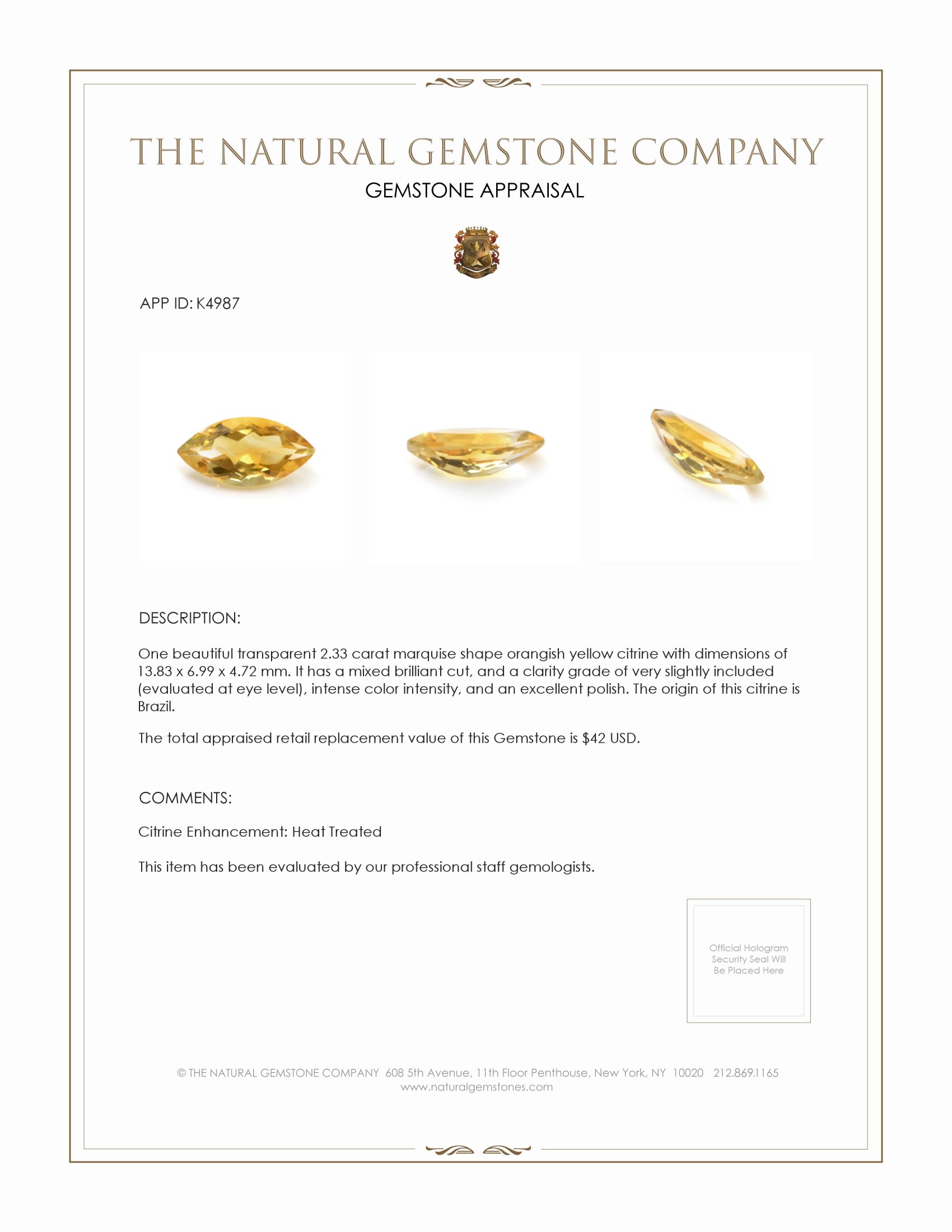 2.33 Ct. Citrine from Brazil