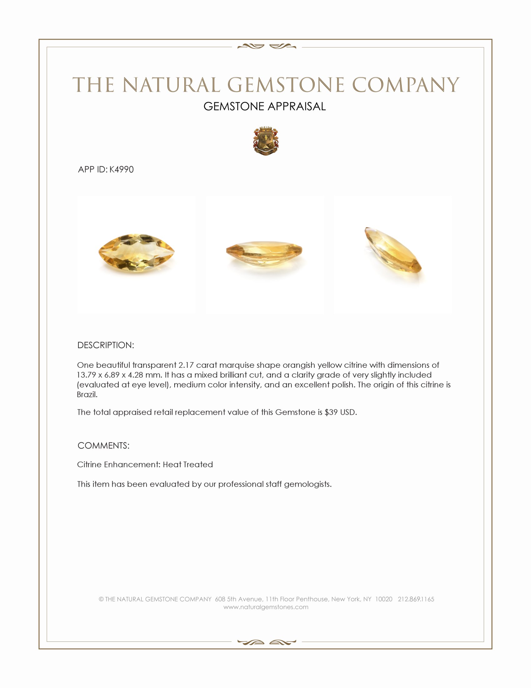 2.17 Ct. Orangish Yellow Citrine from Brazil