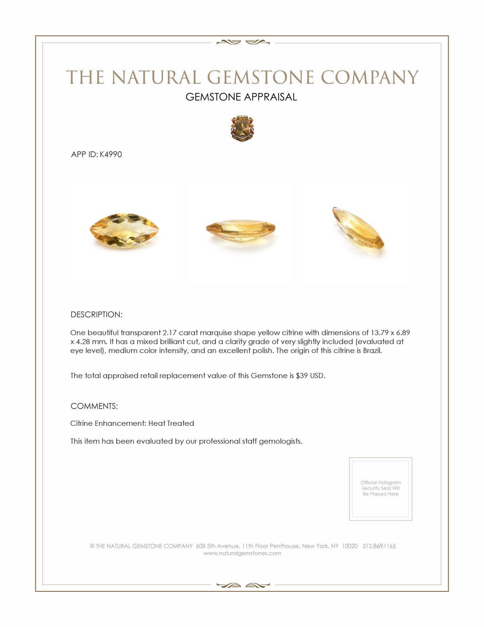 2.17 Ct. Citrine from Brazil