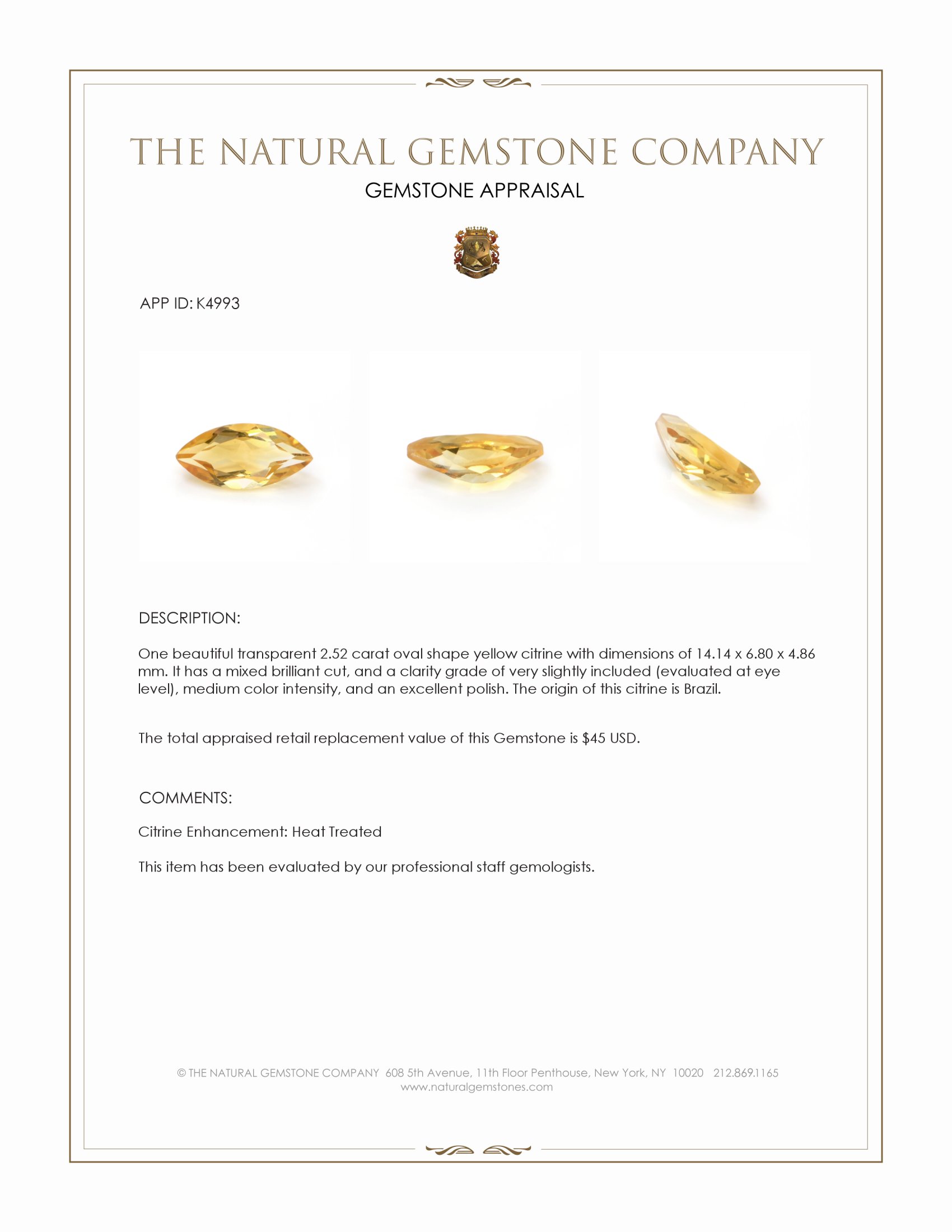2.52 Ct. Yellow Citrine from Brazil