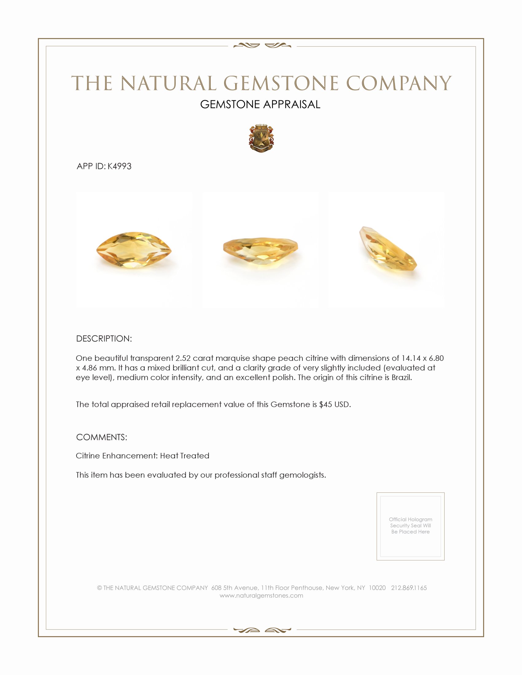 2.52 Ct. Citrine from Brazil