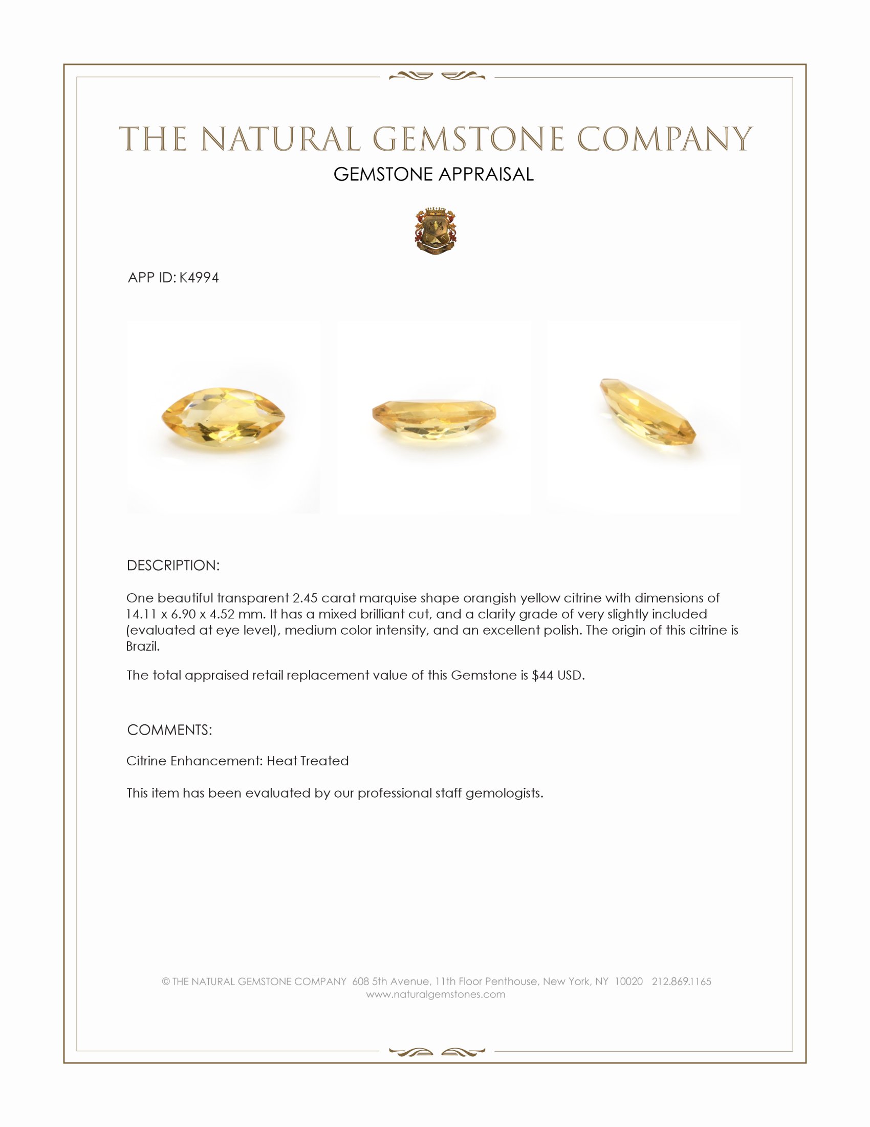 2.45 Ct. Citrine from Brazil