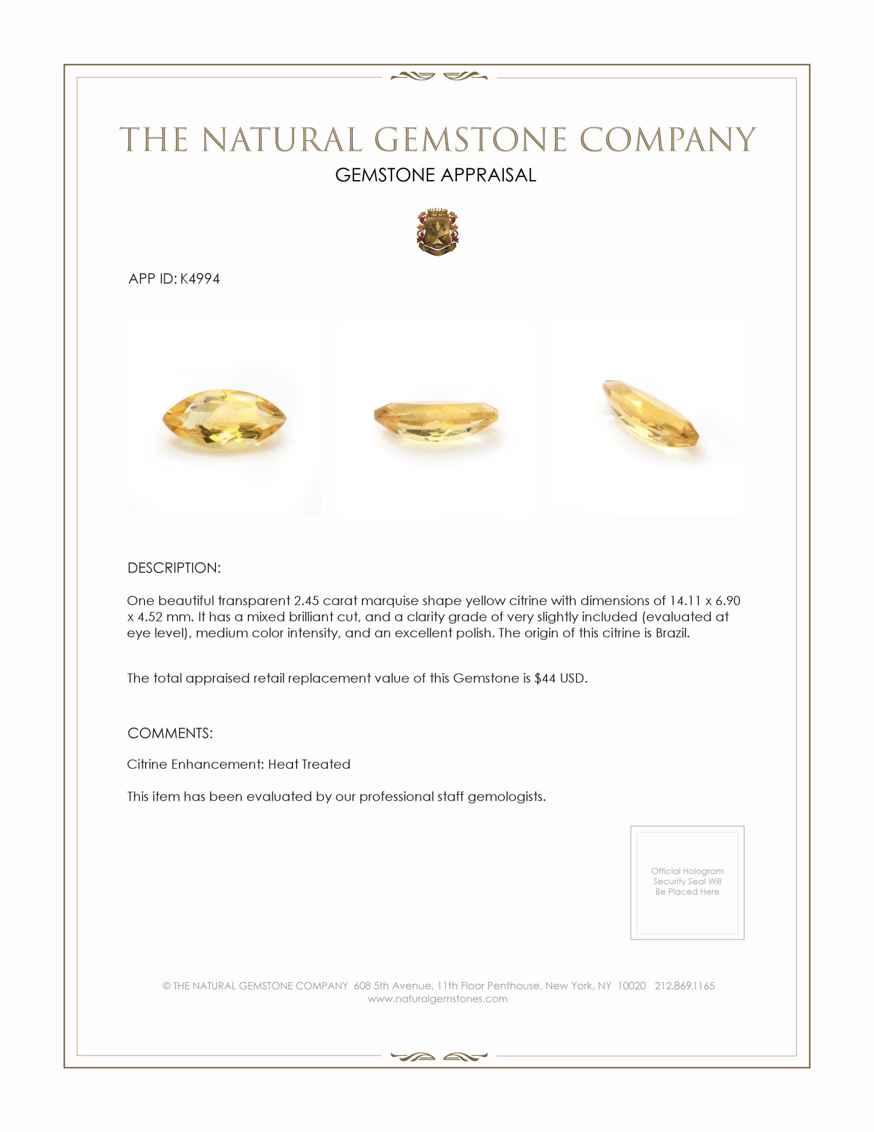 2.45 Ct. Citrine from Brazil