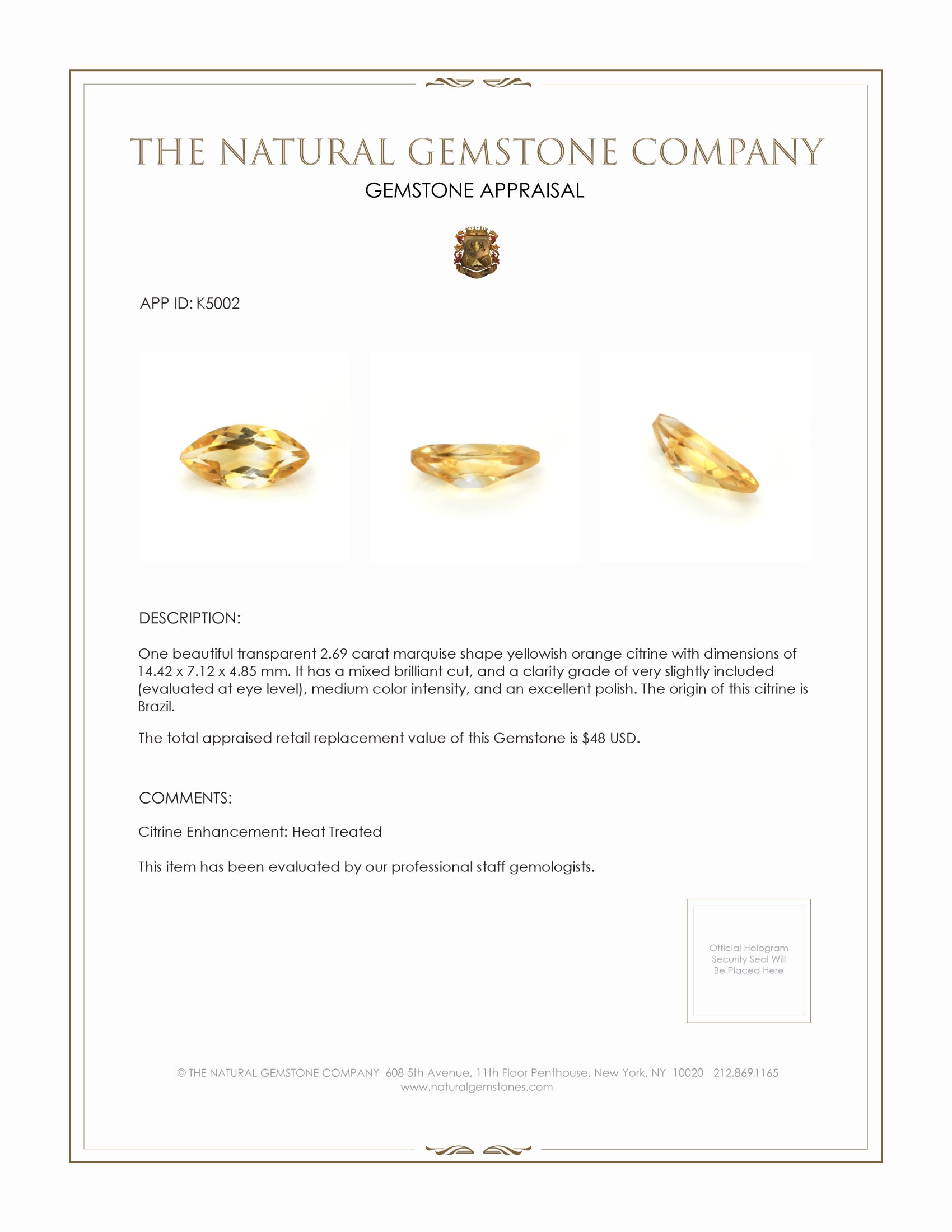 2.69 Ct. Citrine from Brazil