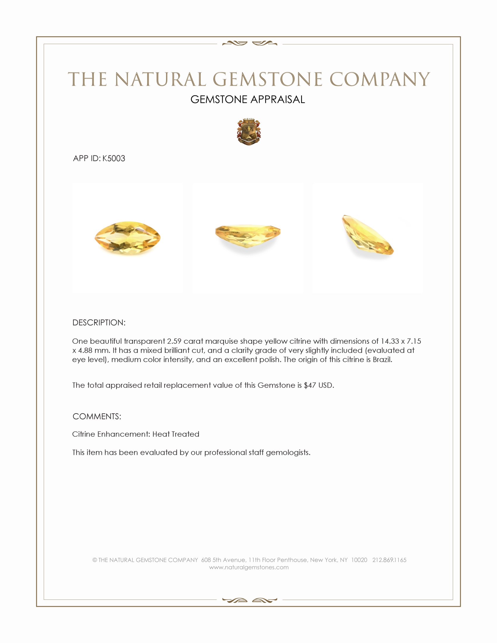 2.59 Ct. Citrine from Brazil