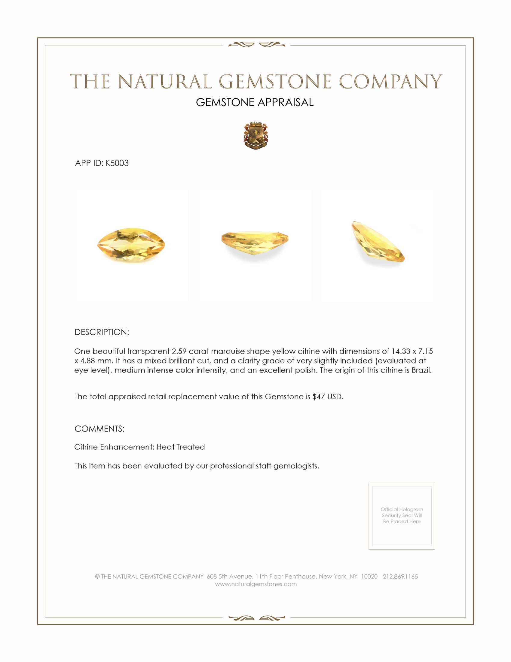 2.59 Ct. Citrine from Brazil