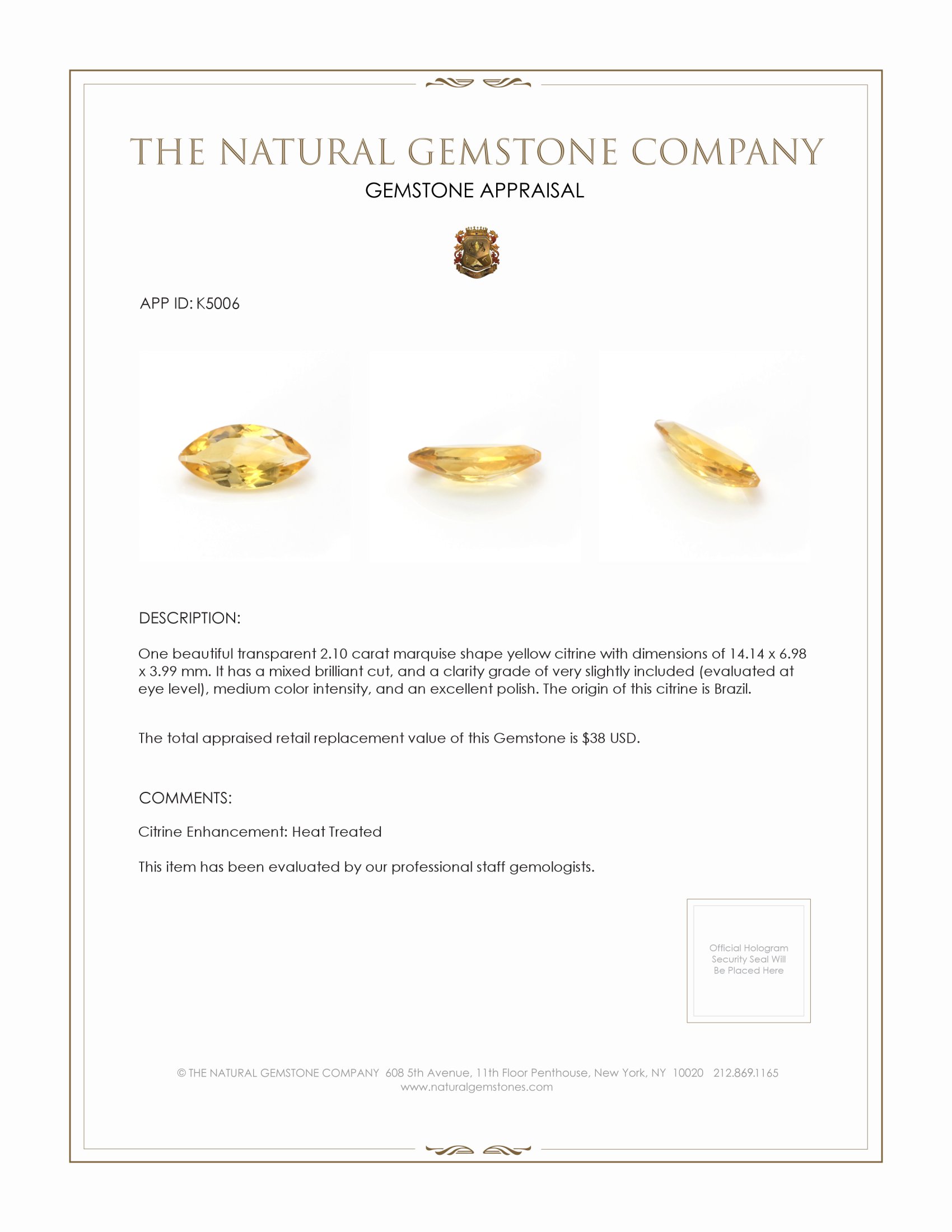 2.10 Ct. Citrine from Brazil