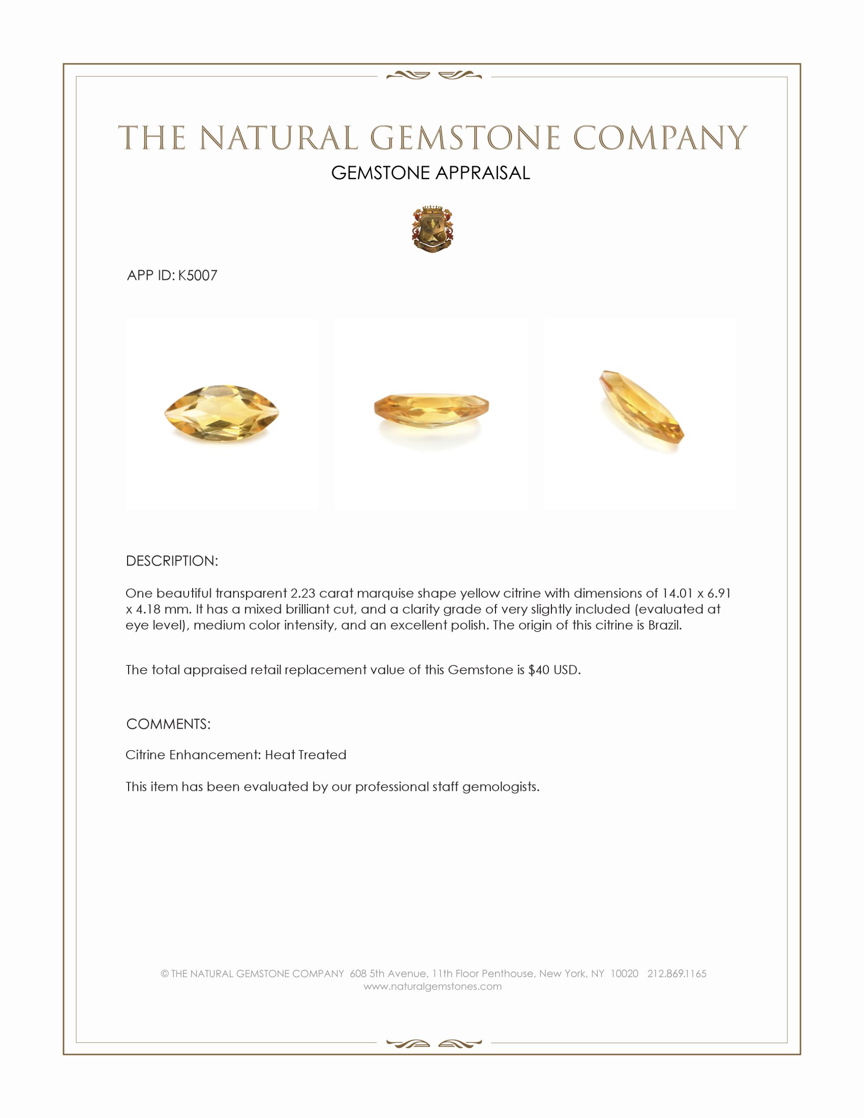 2.23 Ct. Yellow Citrine from Brazil