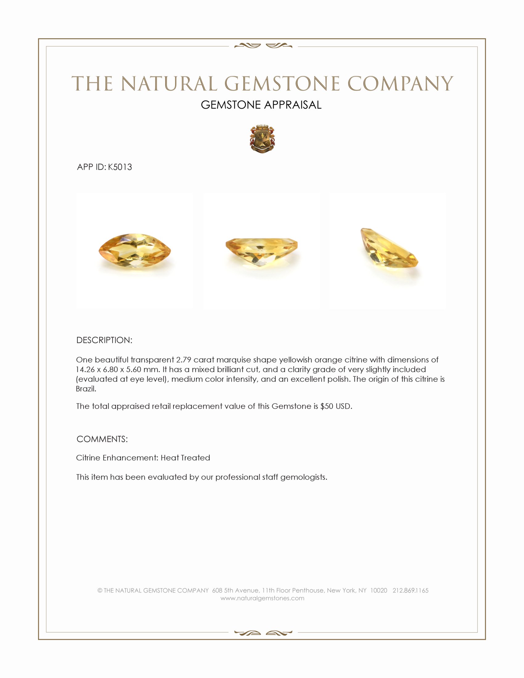 2.79 Ct. Yellowish Orange Citrine from Brazil